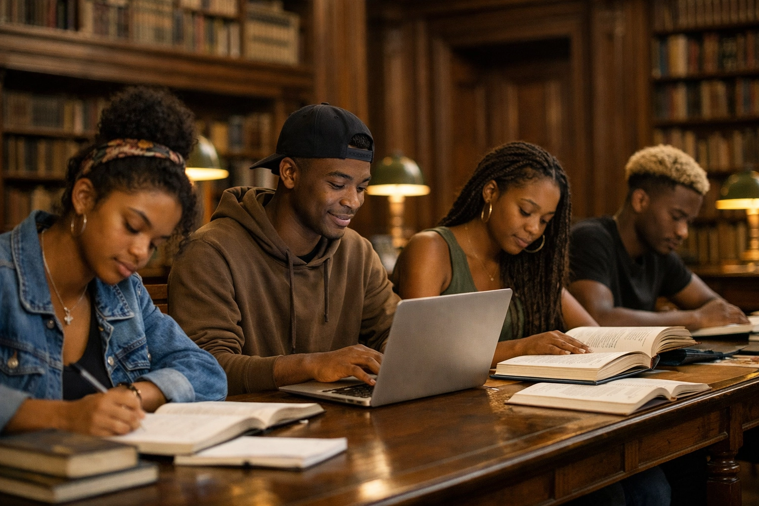 Estudantes cabo-verdianos numa sala de aula magna/biblioteca clássica em Portugal, a estudar com livros e computador, reforçando o ambiente académico do ensino superior.