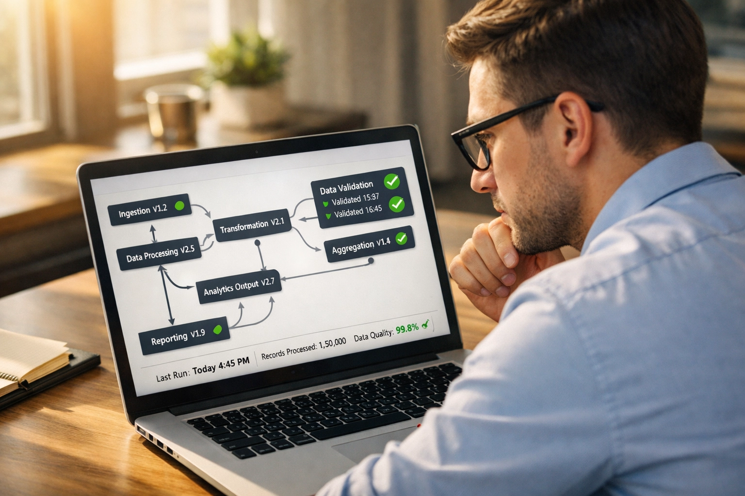 DataOps engineer monitoring validated data pipeline with quality checkmarks and version control