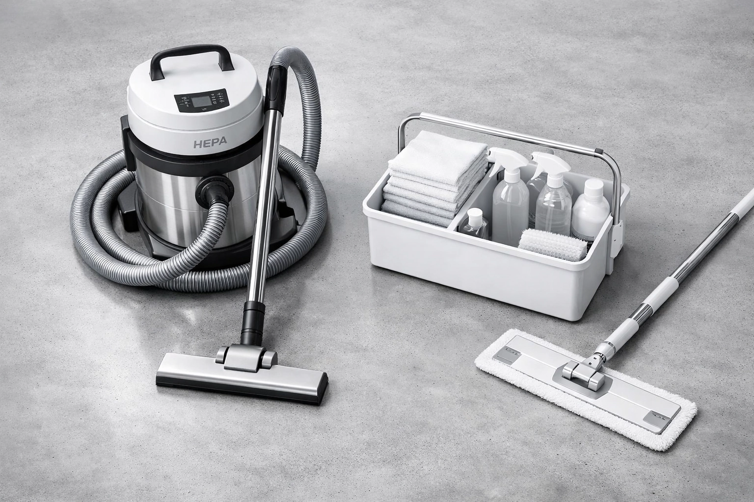 Organized professional cleaning supplies and HEPA vacuum for commercial apartment turns.