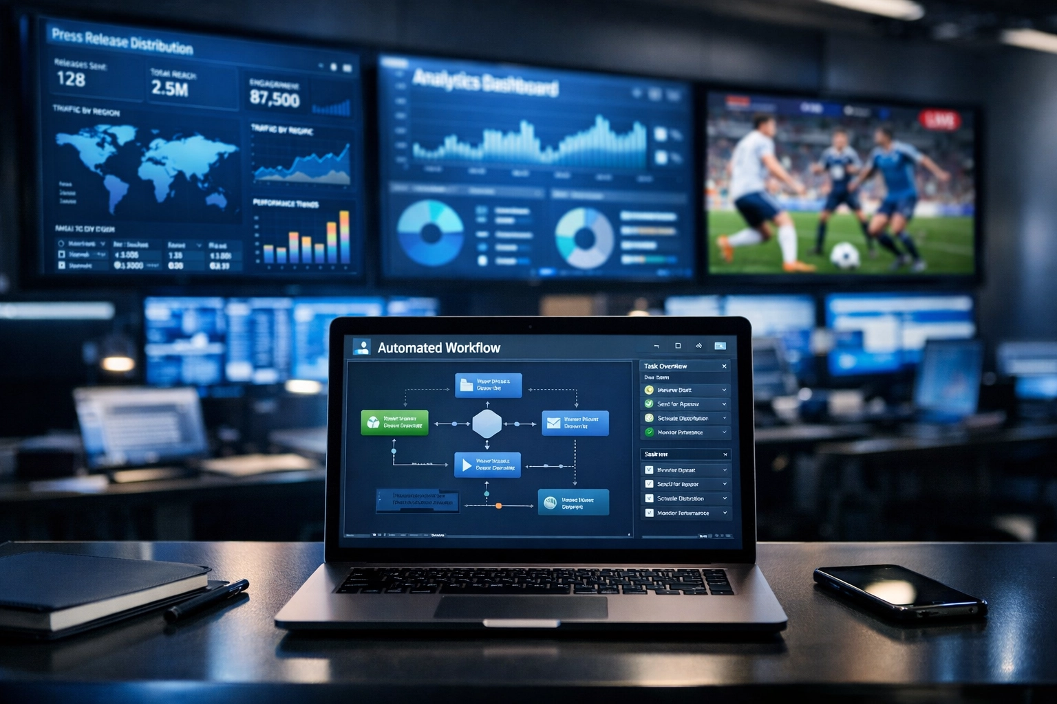 Automated press release distribution dashboard for sports advertising networks showing real-time analytics