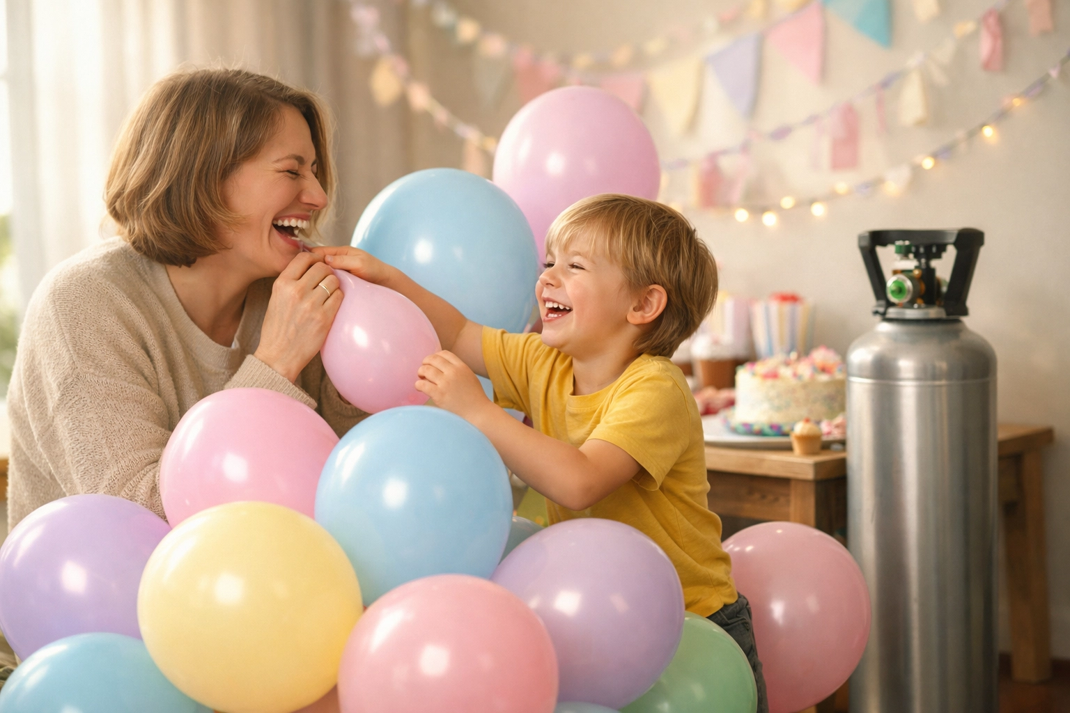 Parent and child using a refillable helium gas cylinder to inflate balloons for a birthday party.