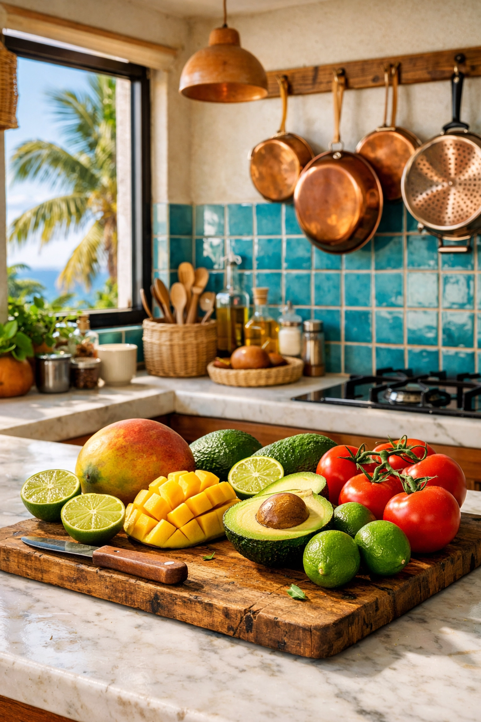 Modern condo kitchen with fresh tropical produce and ocean views in Puerto Vallarta