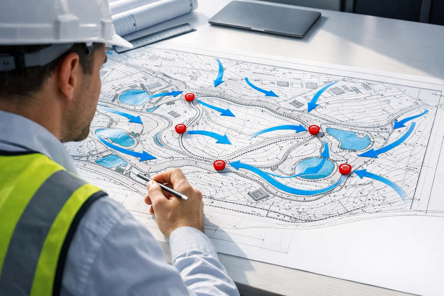 Civil engineer analyzing an erosion and sediment control plan to meet TRCA and Ontario building standards.