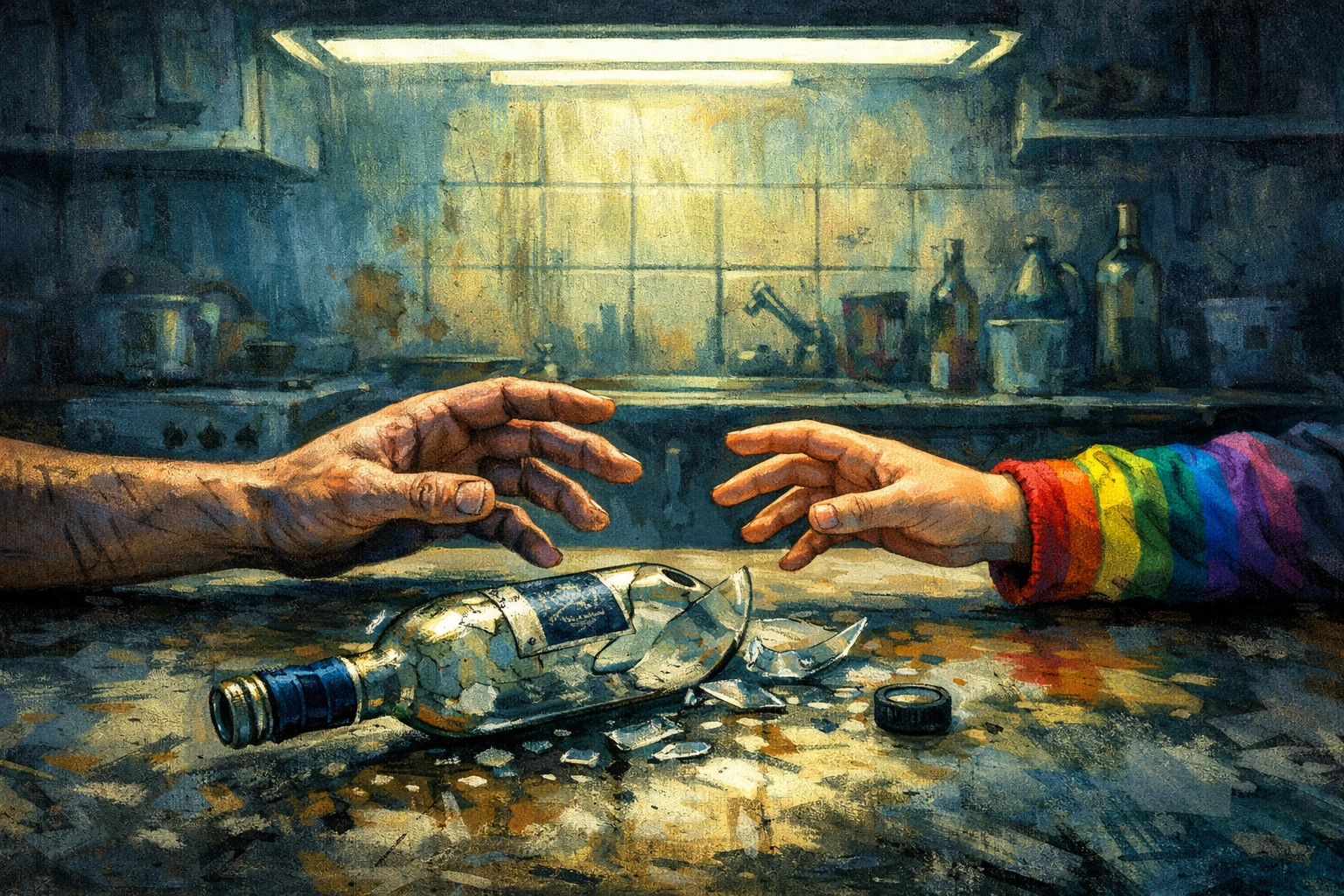 Mother and child hands reaching across broken vodka bottle - Shuggie Bain addiction theme