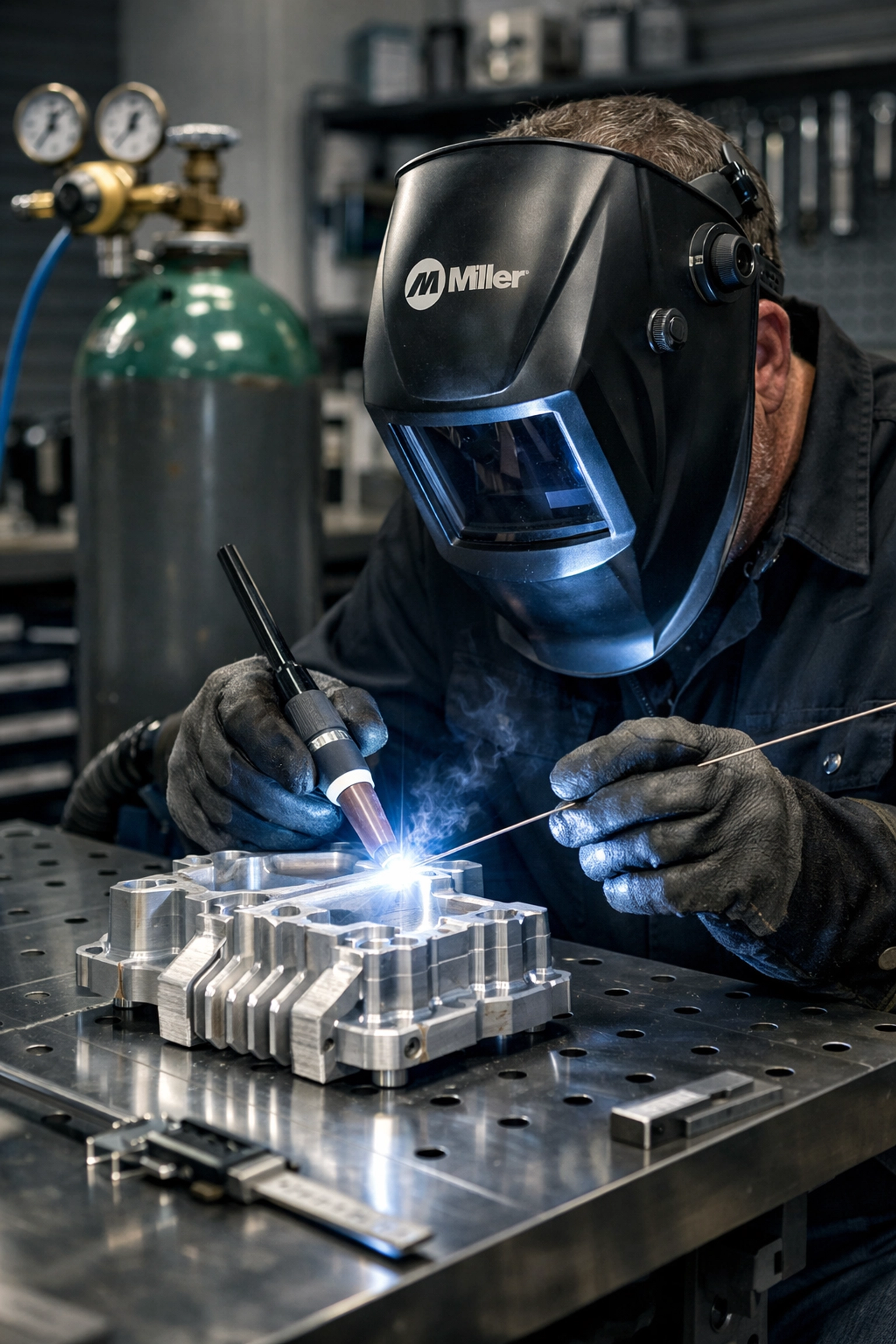 Expert welder performing TIG welding on aluminium using professional Argon gas supply.