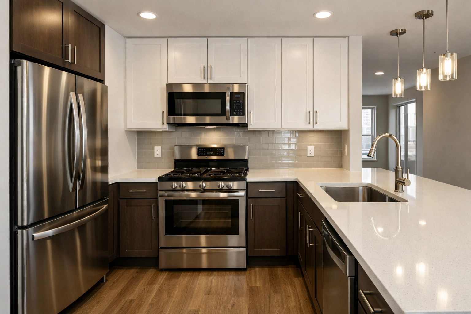 Spotless luxury apartment kitchen in Detroit showing professional move-out cleaning standards for tenant turnover.