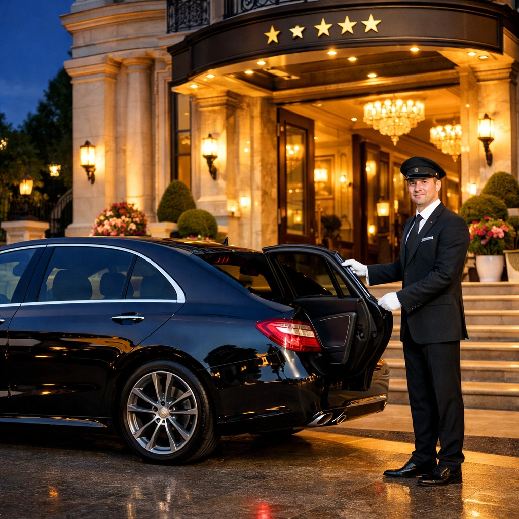 Chauffeur opening luxury sedan door at five-star hotel for Super Bowl VIP executive guests