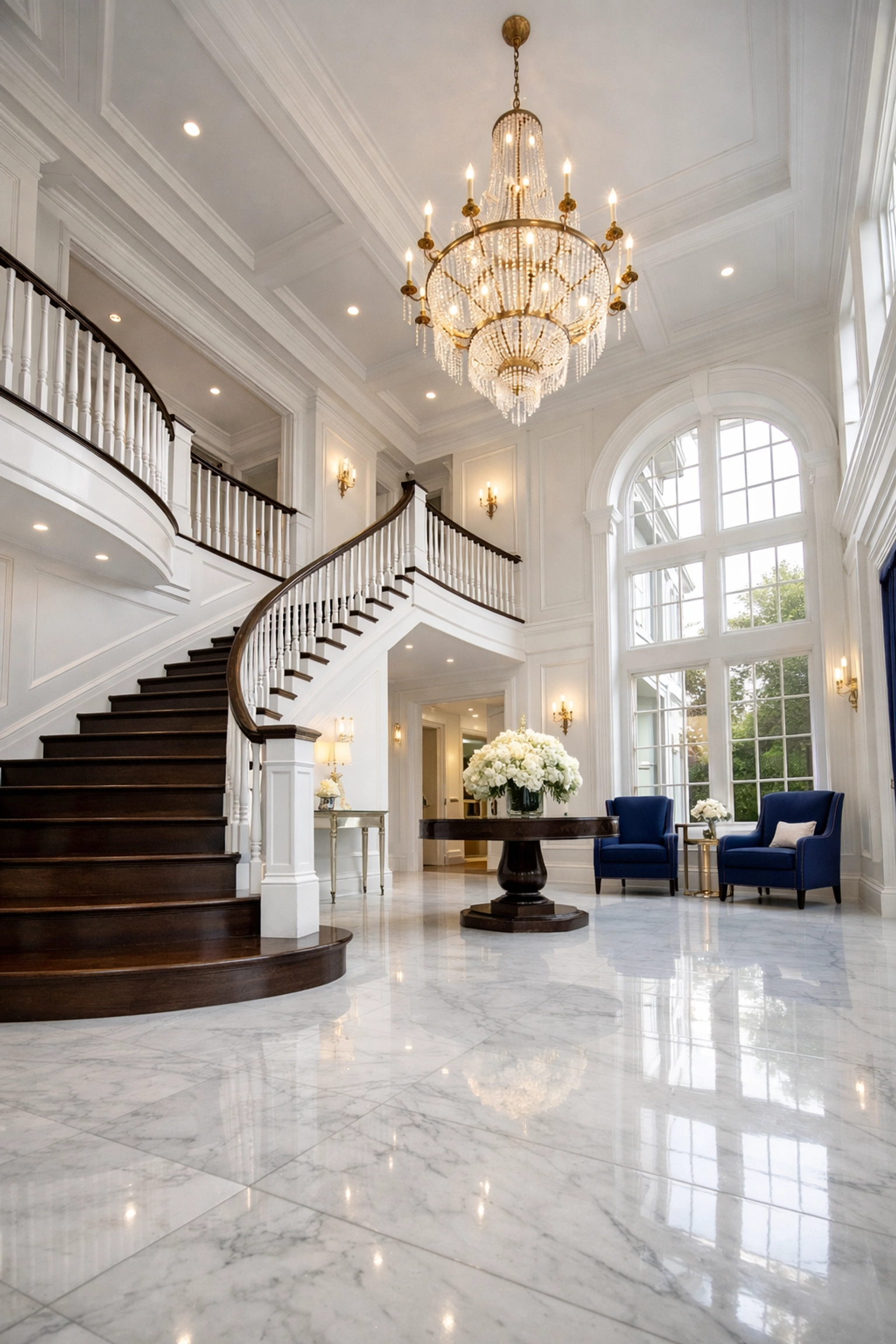 Luxury Dover foyer with marble floors and a grand staircase, highlighting high-end residential cleaning Massachusetts.