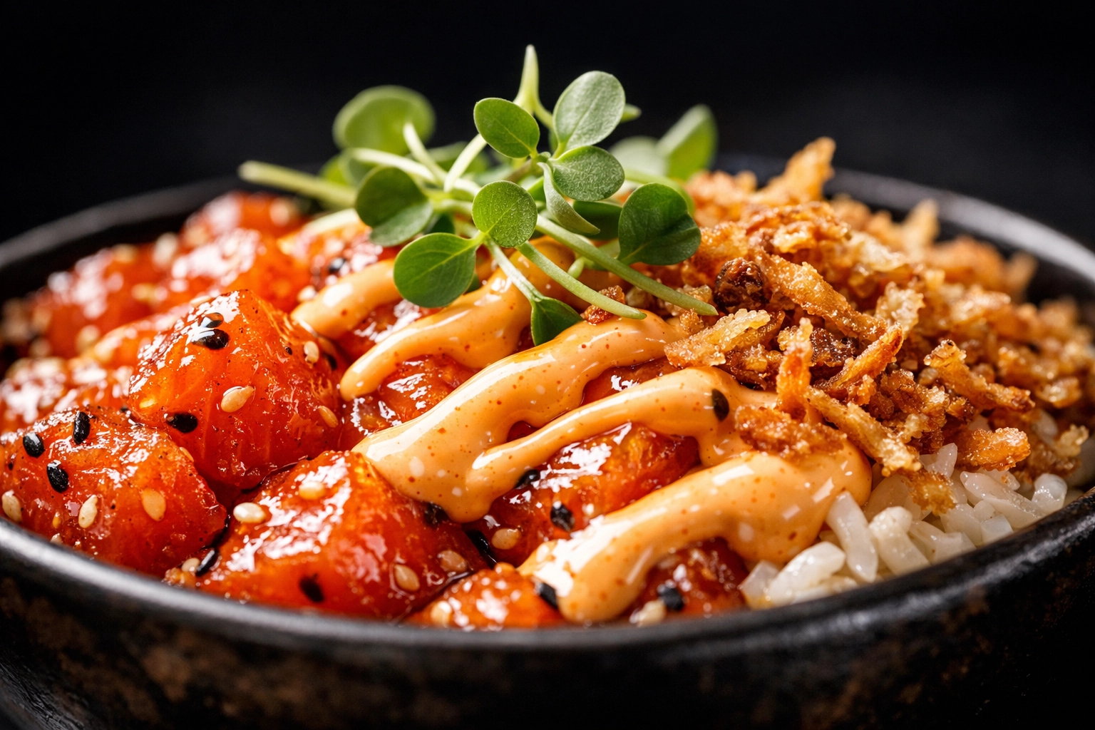 Gros plan sur un poke bowl signature au saumon mariné, avocat et légumes croquants.