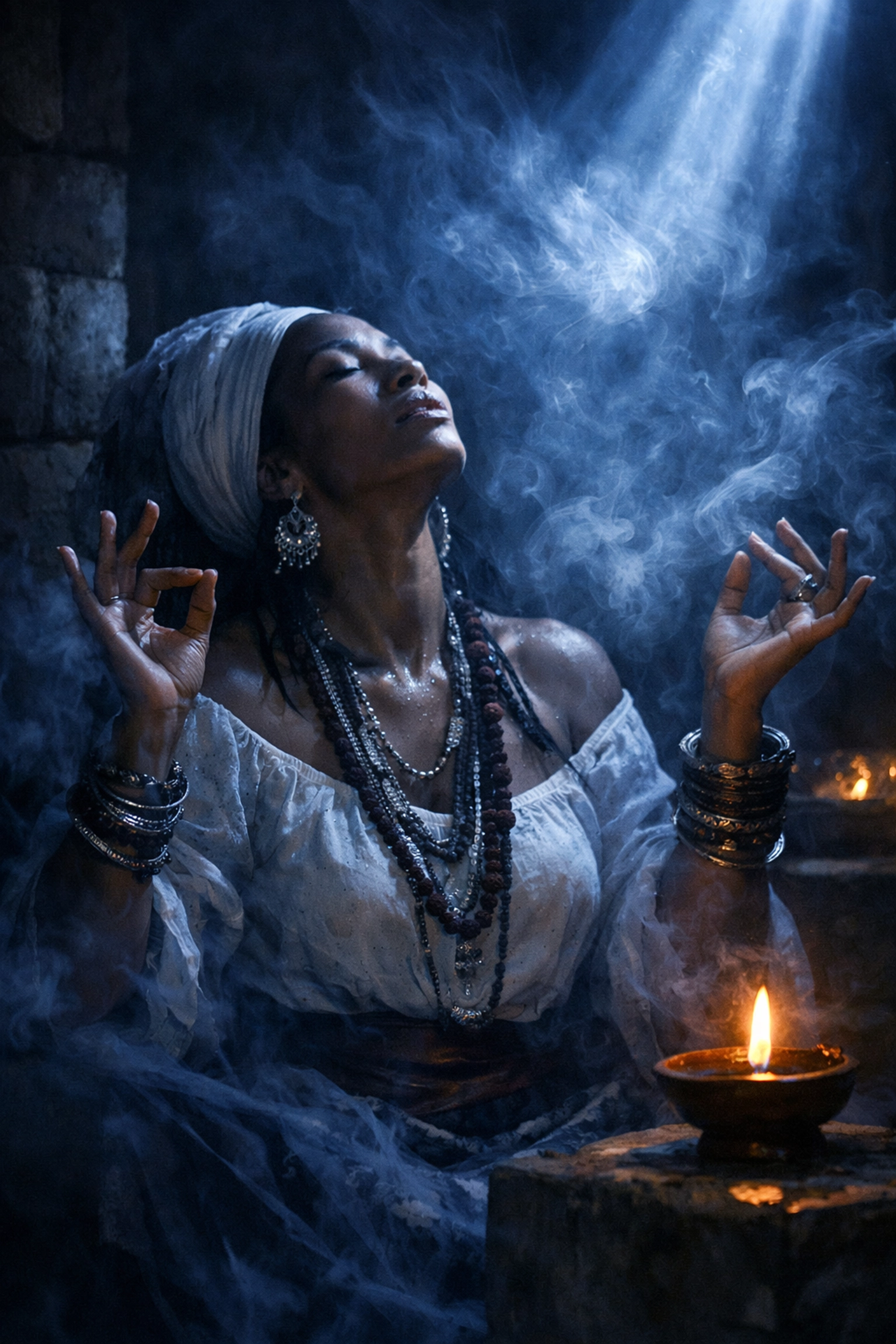 Caribbean woman experiencing authentic Bhava and spiritual ecstasy through traditional tantric mudras.