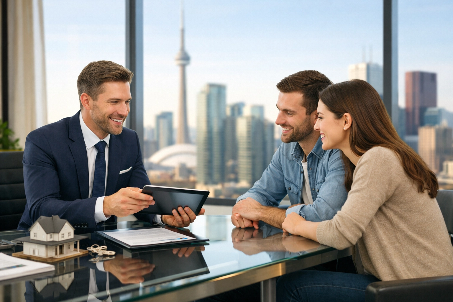 Русскоязычный риелтор в Торонто объясняет условия договора клиентам в современном офисе