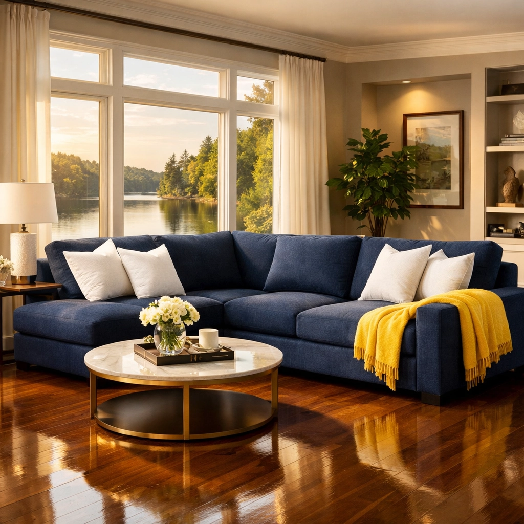 A tidy living room with hardwood floors after a professional weekly house cleaning in Ashland.