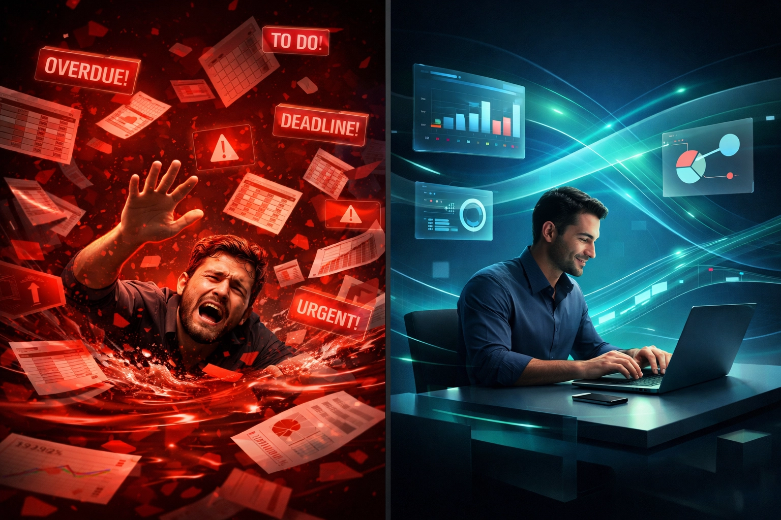 Manual business processes versus automated workflows showing efficiency gains and time savings