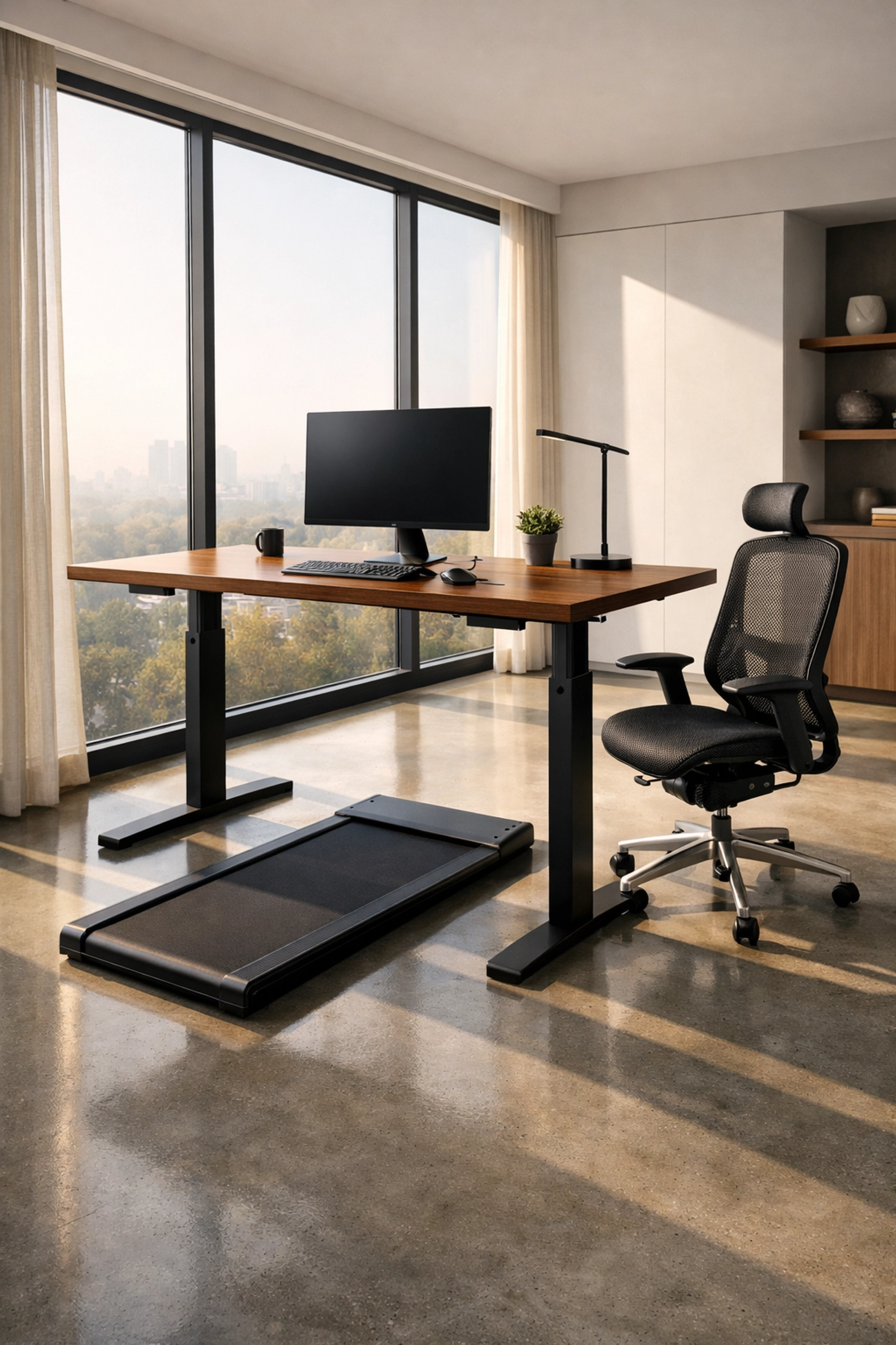 Ergonomic home office featuring a walnut standing desk and compact under-desk treadmill for student focus.