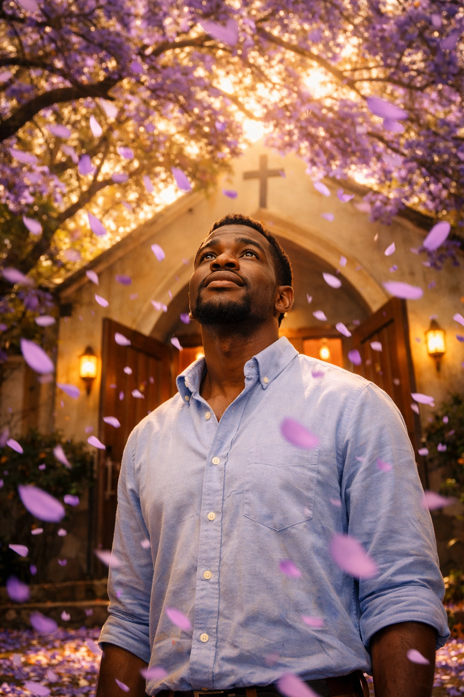 Black gay man arrives at LGBTQ+ affirming Rainbow Church under blooming purple jacaranda trees in Johannesburg