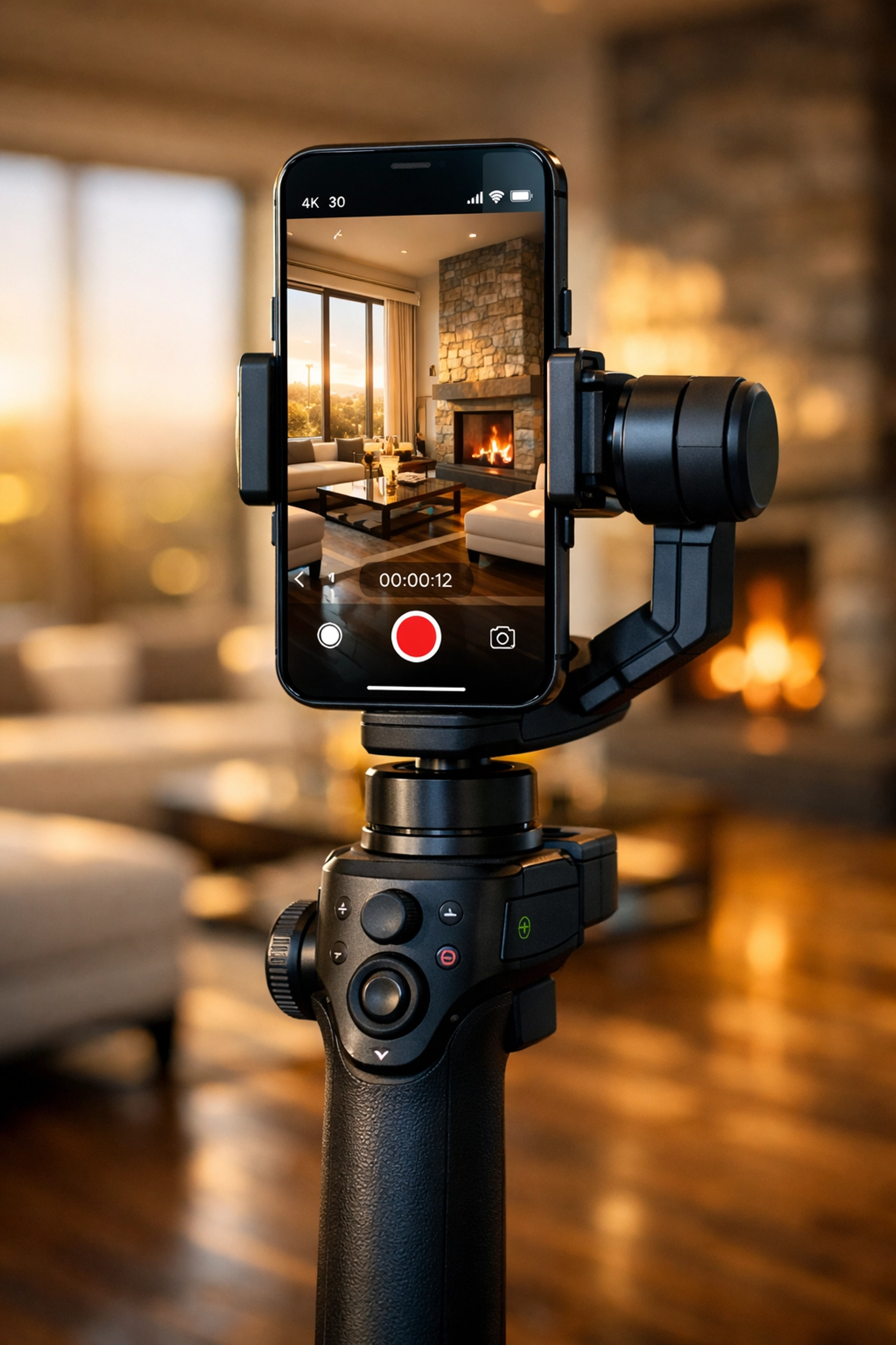 Smartphone on a gimbal recording vertical luxury real estate video of a modern living room.