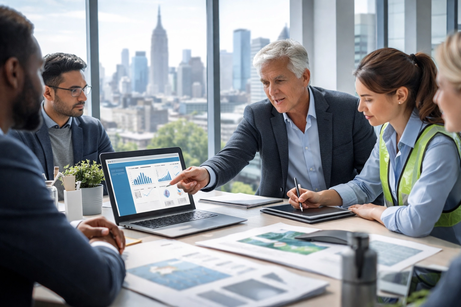 Team of environmental consultants discussing E-Designation clearance in a modern NYC office overlooking the city skyline