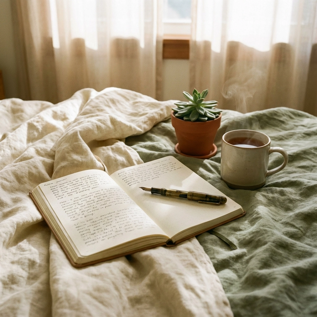 Open journal, pen, and tea on a linen blanket symbolize intentional living and value alignment for overachievers.