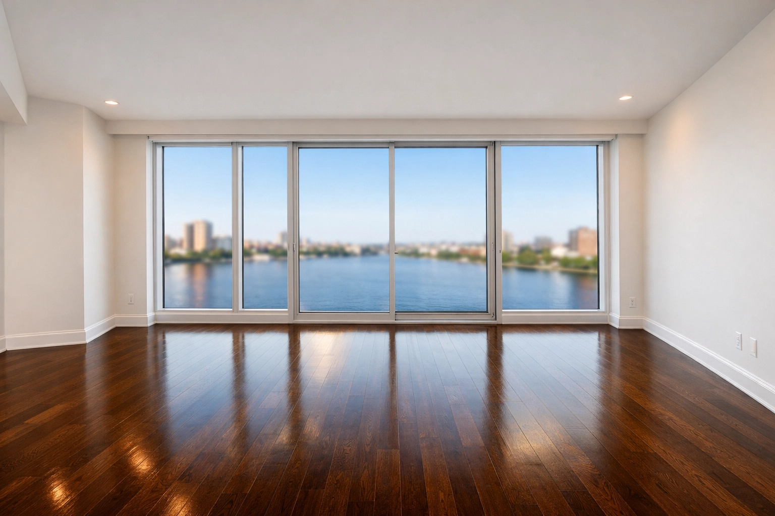 Empty Charles River rental with polished hardwood floors after professional move-out cleaning in Cambridge MA.