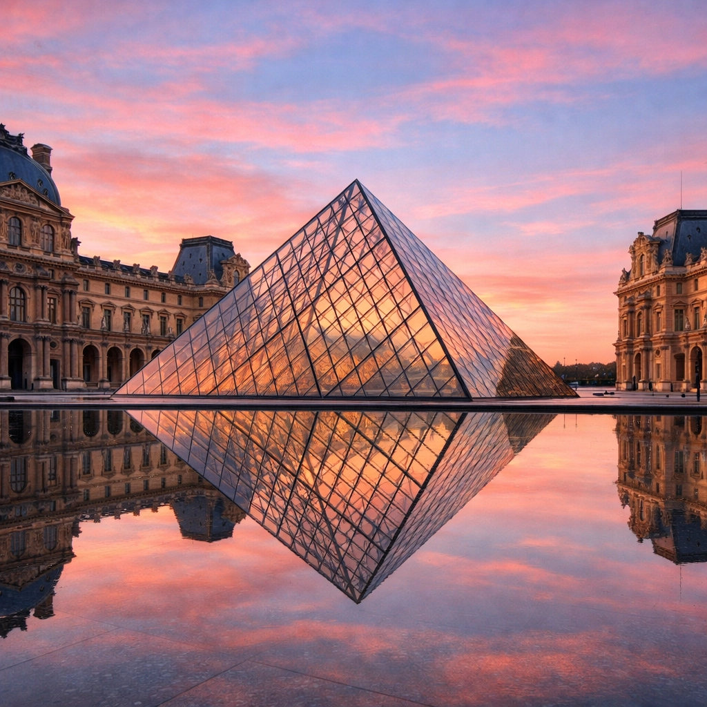 Top 10 Instagrammable Places in Paris That Aren’t Just the Eiffel Tower 1 The Louvre glass pyramid reflecting a sunrise sky in Paris, one of the best photography locations.