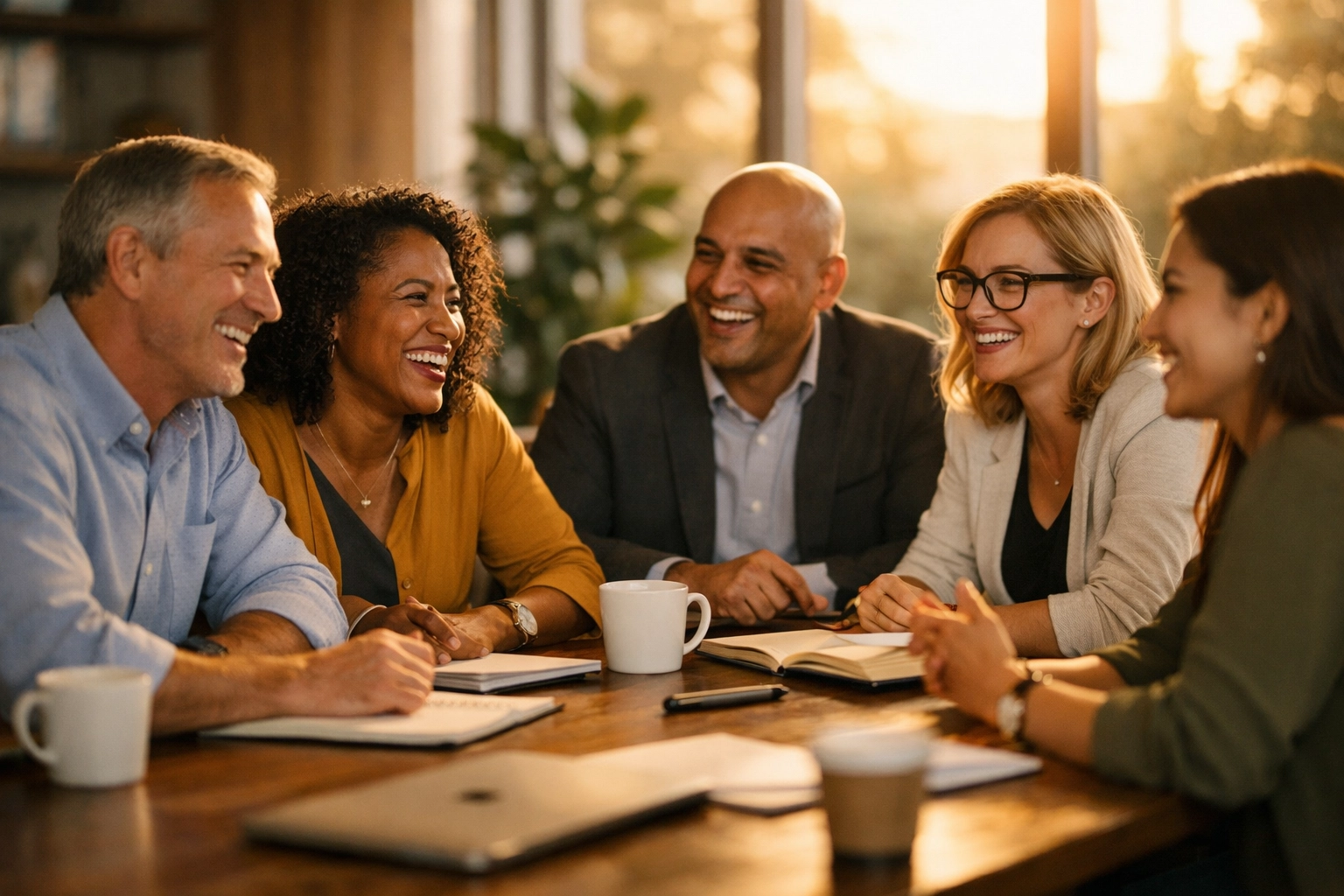 Diverse leadership team collaborating around conference table in modern office setting