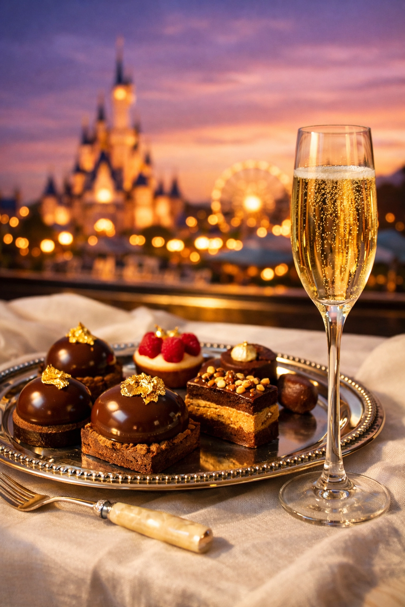 A luxury dessert spread with champagne at Disney, an alternative to buying a Premier Pass.