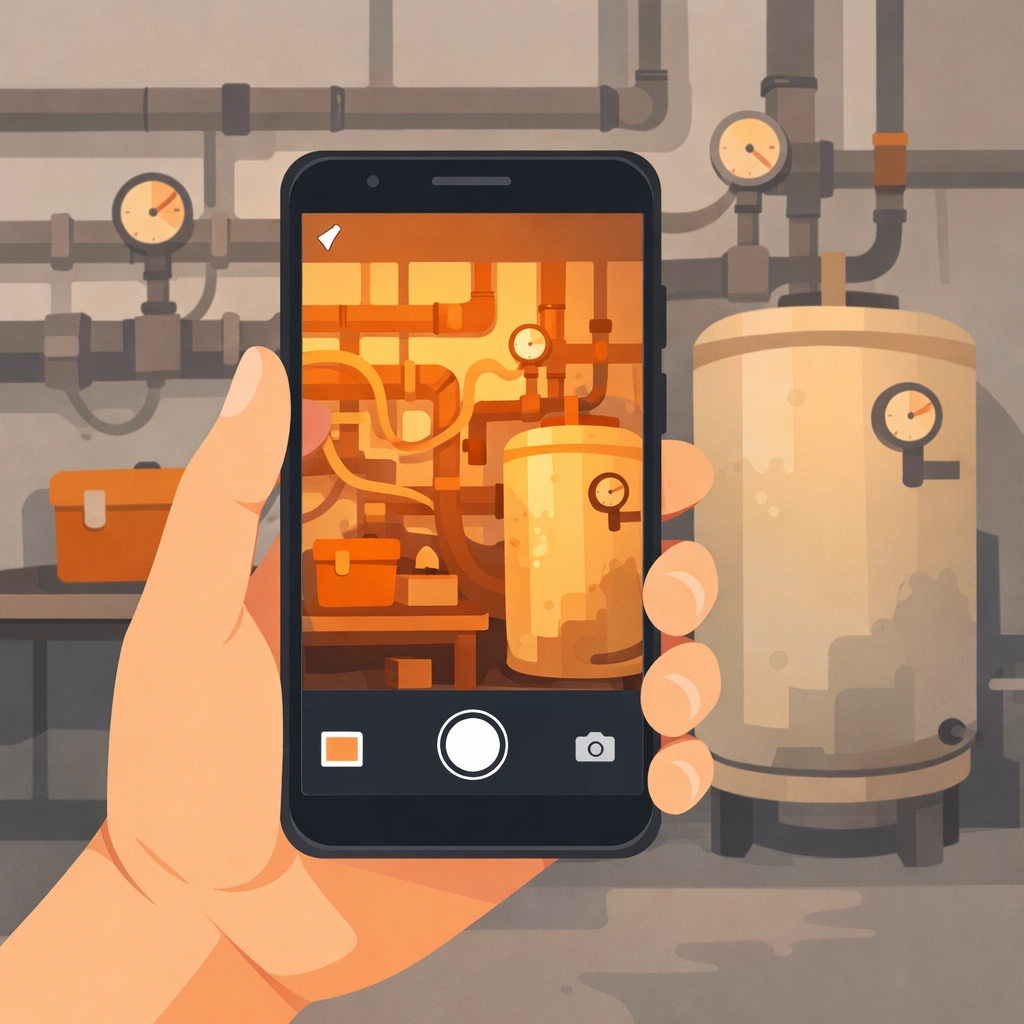 Service pro using a photo timeline app to capture before photos of a plumbing job.