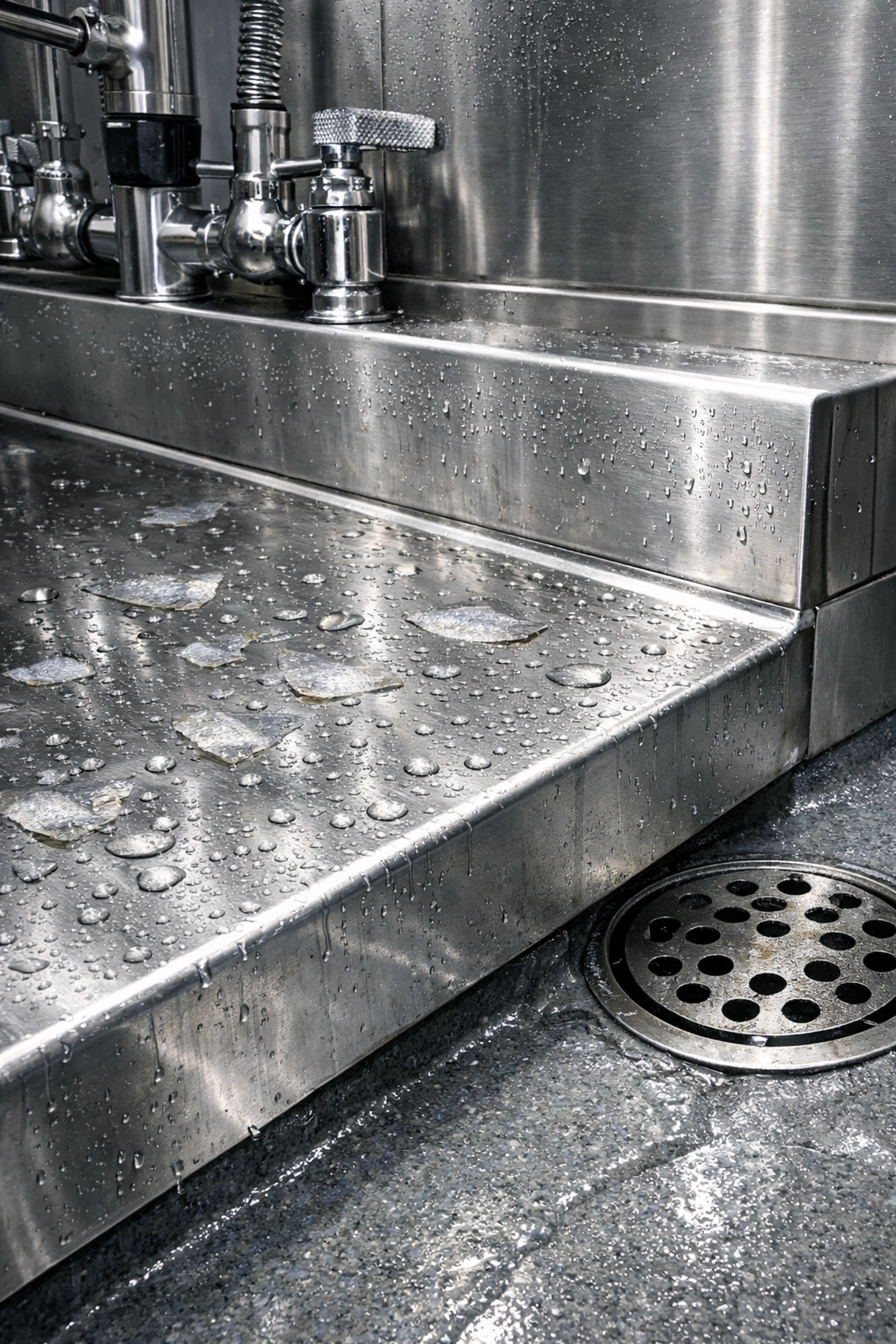 Stainless steel commercial kitchen countertops designed for seafood restaurant durability