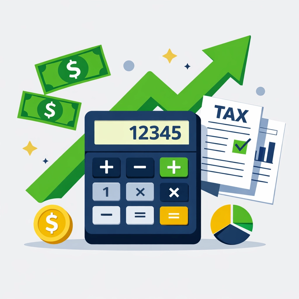 Calculator showing SALT cap increase with upward arrow representing tax deduction growth in 2026