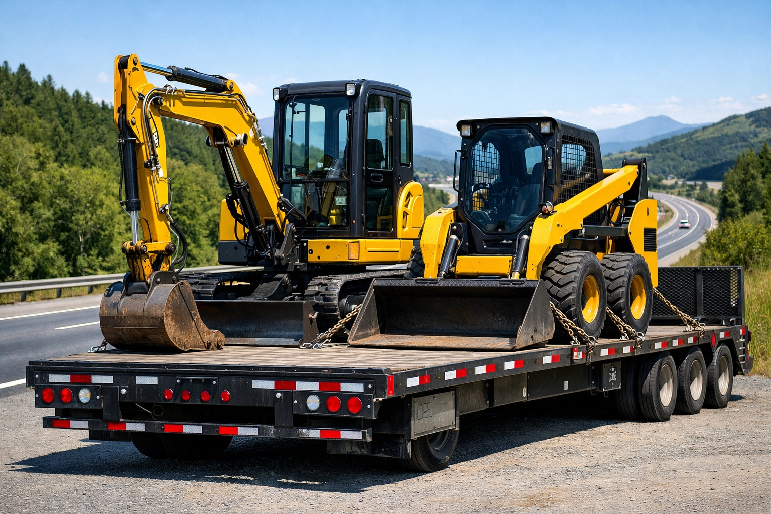 Heavy landscaping machinery on a transport trailer representing interstate equipment coverage.