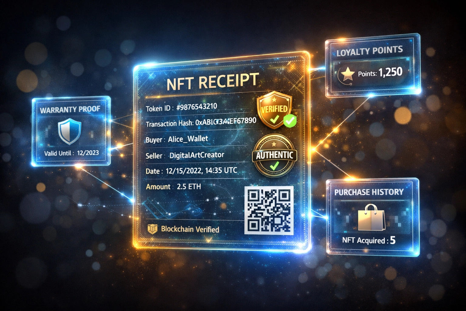 NFT receipt with blockchain verification showing warranty proof, loyalty tracking, and purchase history