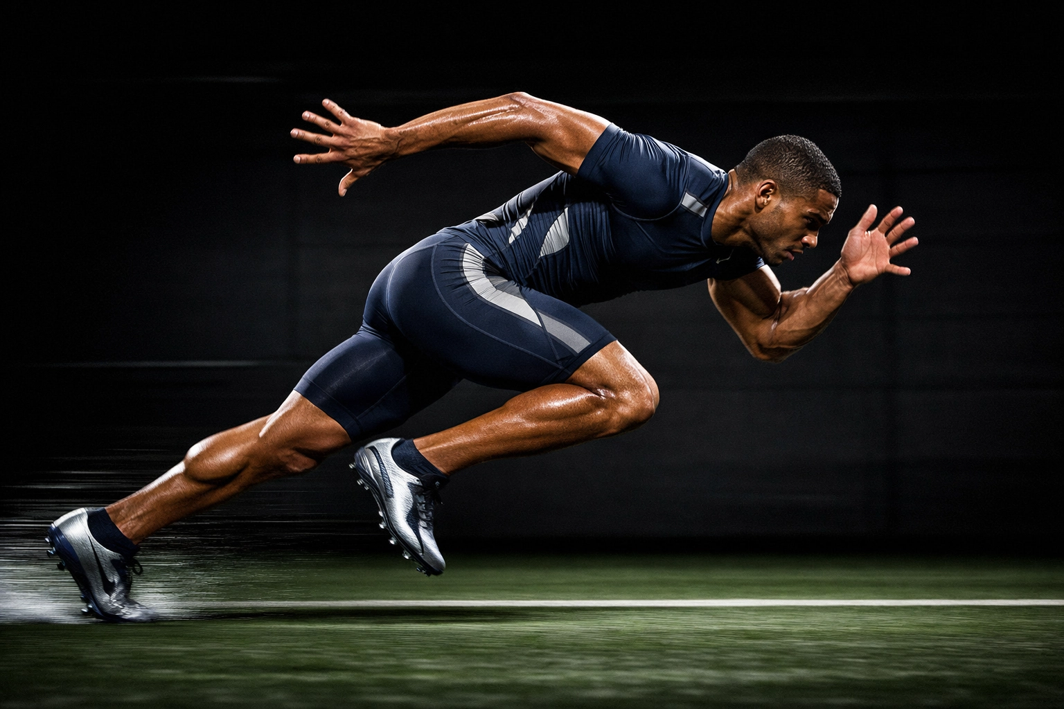 Football player in explosive takeoff position for 40-yard dash acceleration, highlighting elite sprinting mechanics.