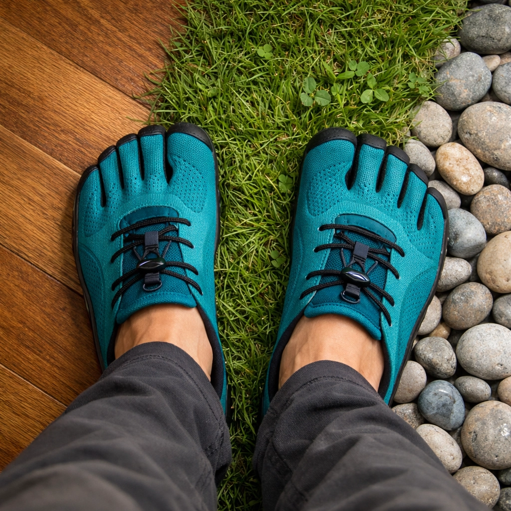 Minimalist shoes on wood, grass, and gravel showing a gradual transition to barefoot walking.