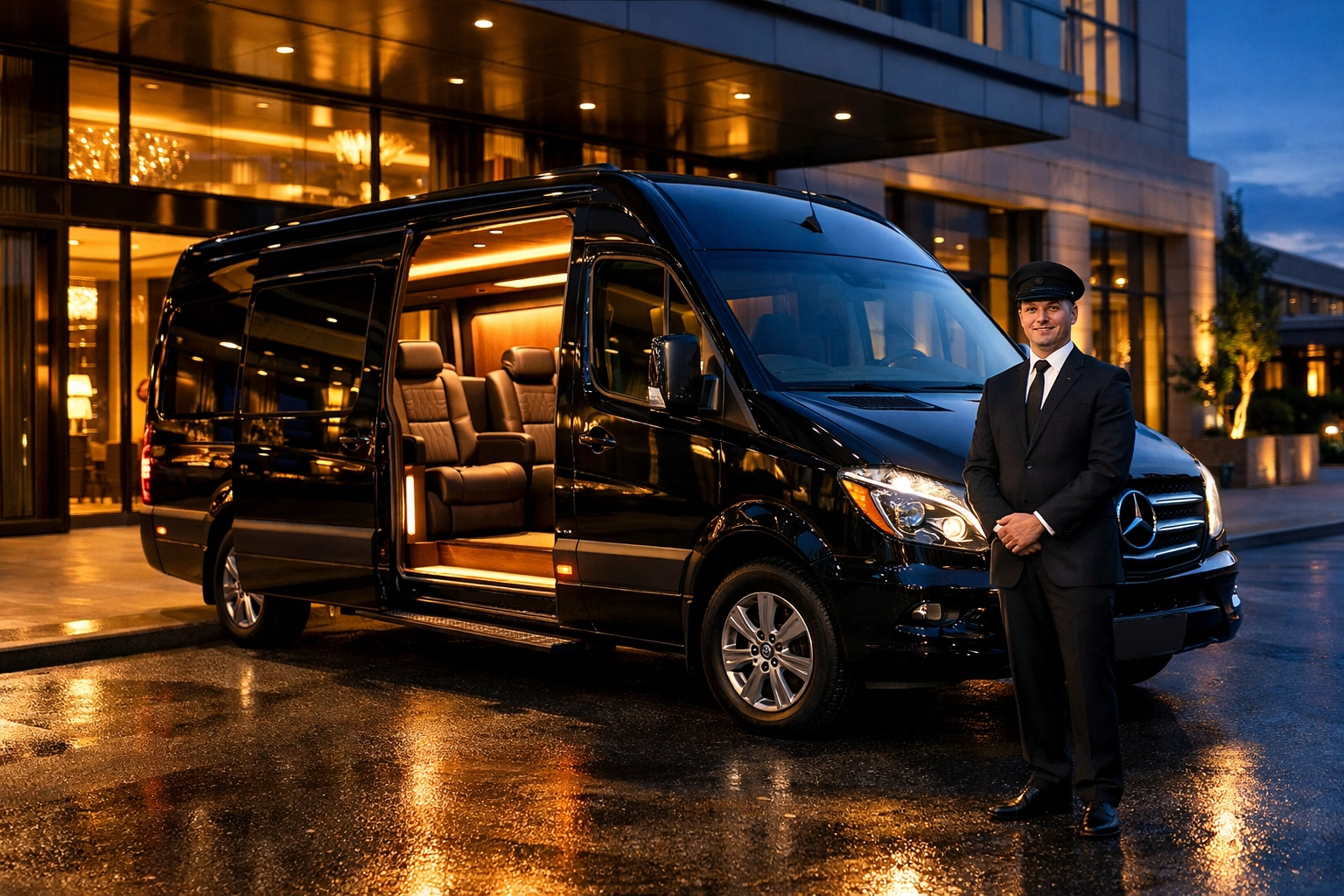 Premium executive transportation service with chauffeur at upscale hotel entrance
