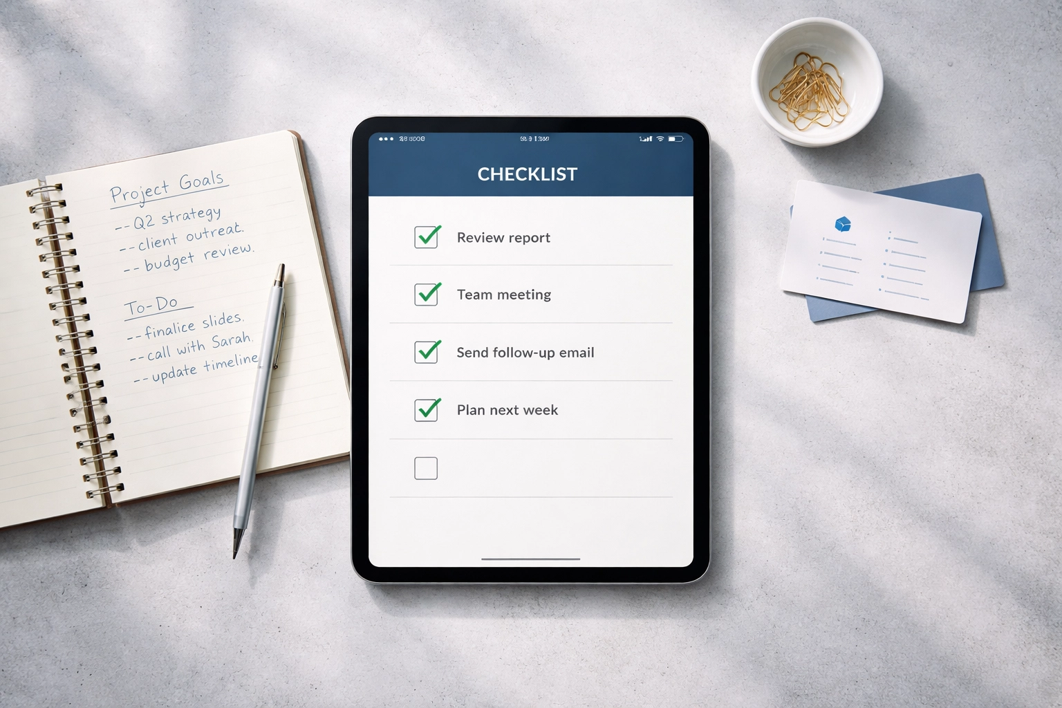 Organized flat lay with tablet checklist and notes, showcasing actionable lead magnet strategies for content marketing.