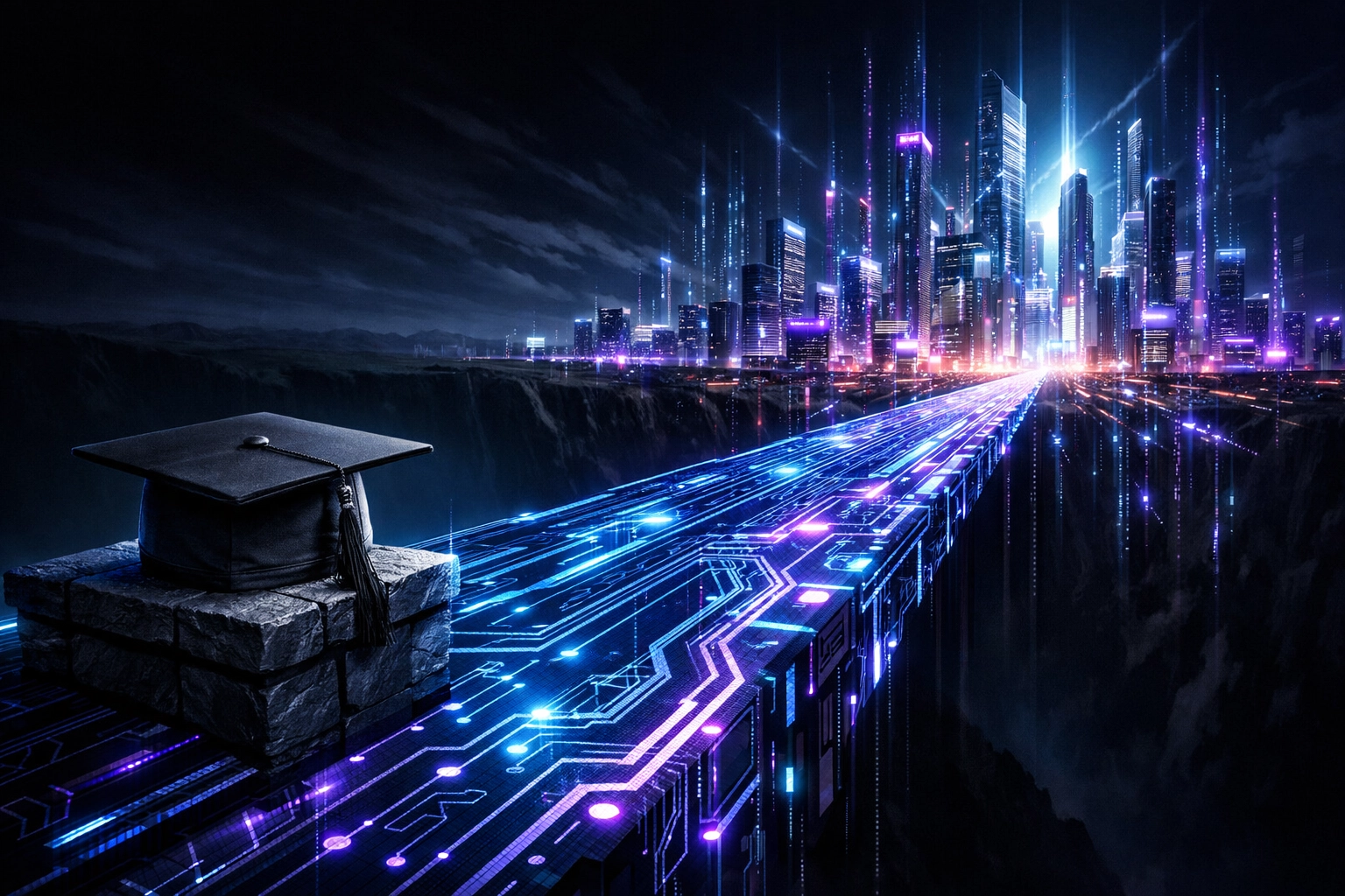 A glowing digital bridge bridging the campus-to-career gap with custom AI solutions and data-driven hiring.