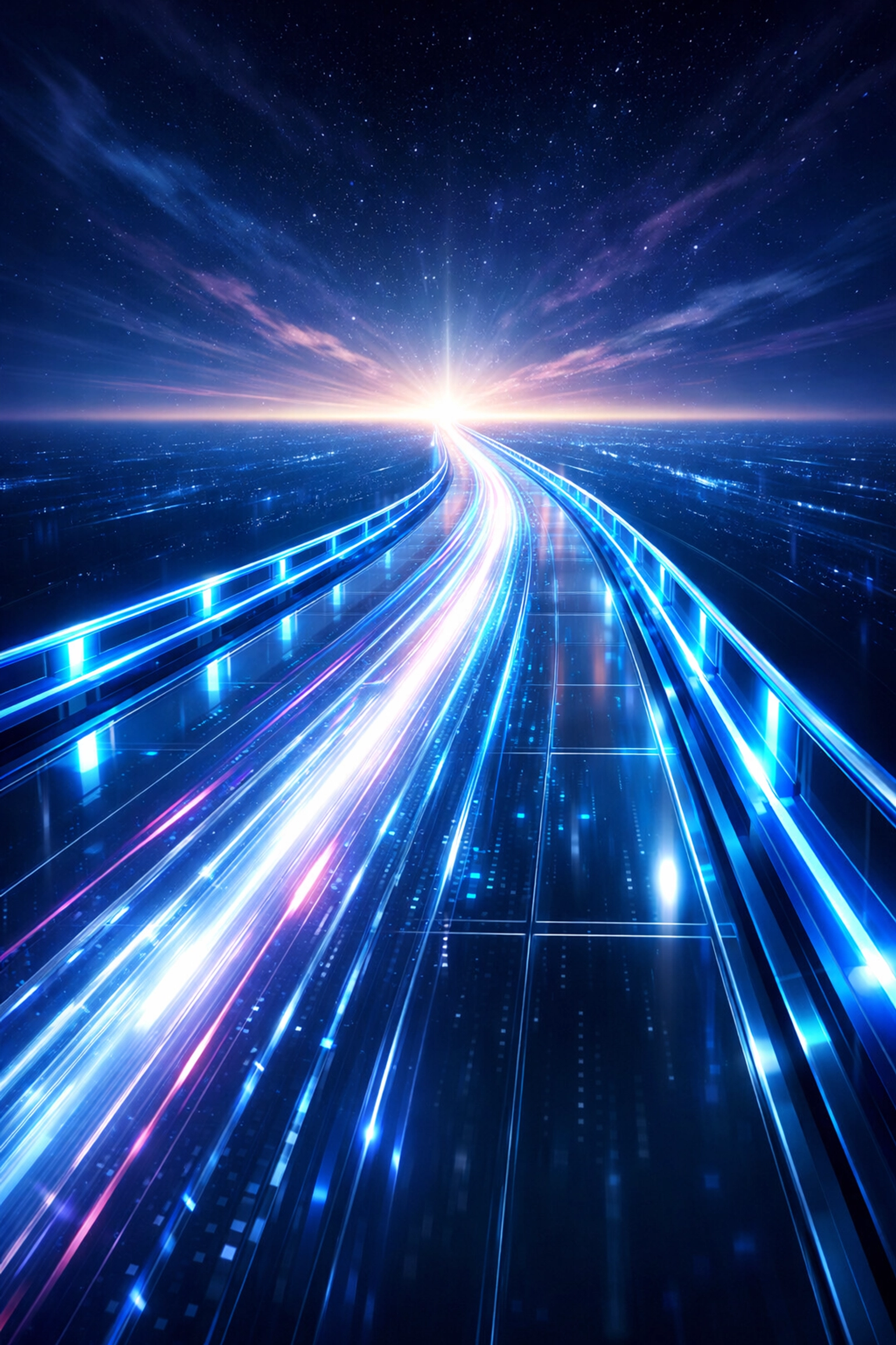 Digital highway with blue guardrails illustrating secure AI governance and business technology solutions.