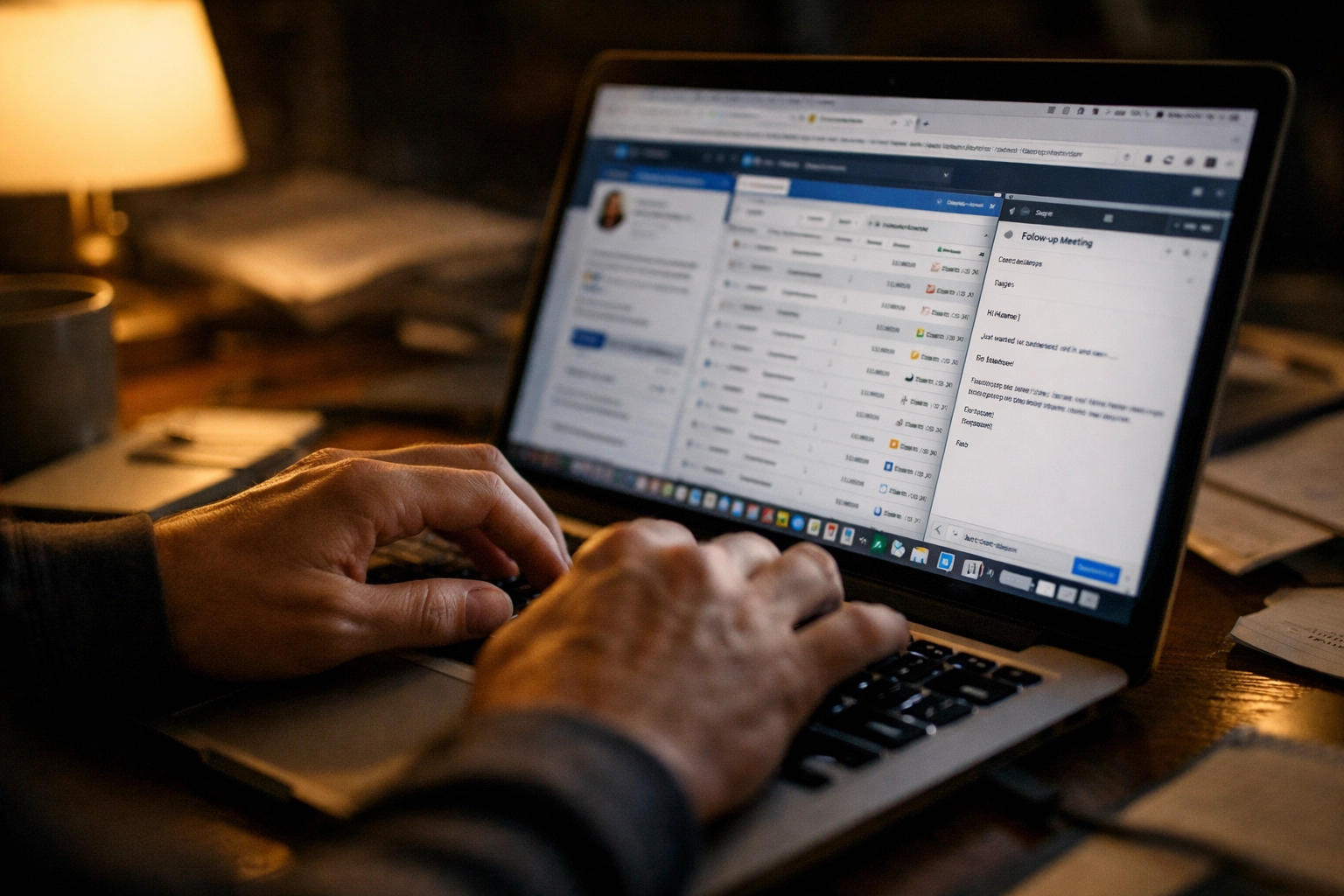 Founder doing late-night sales prospecting work on laptop with CRM and LinkedIn open