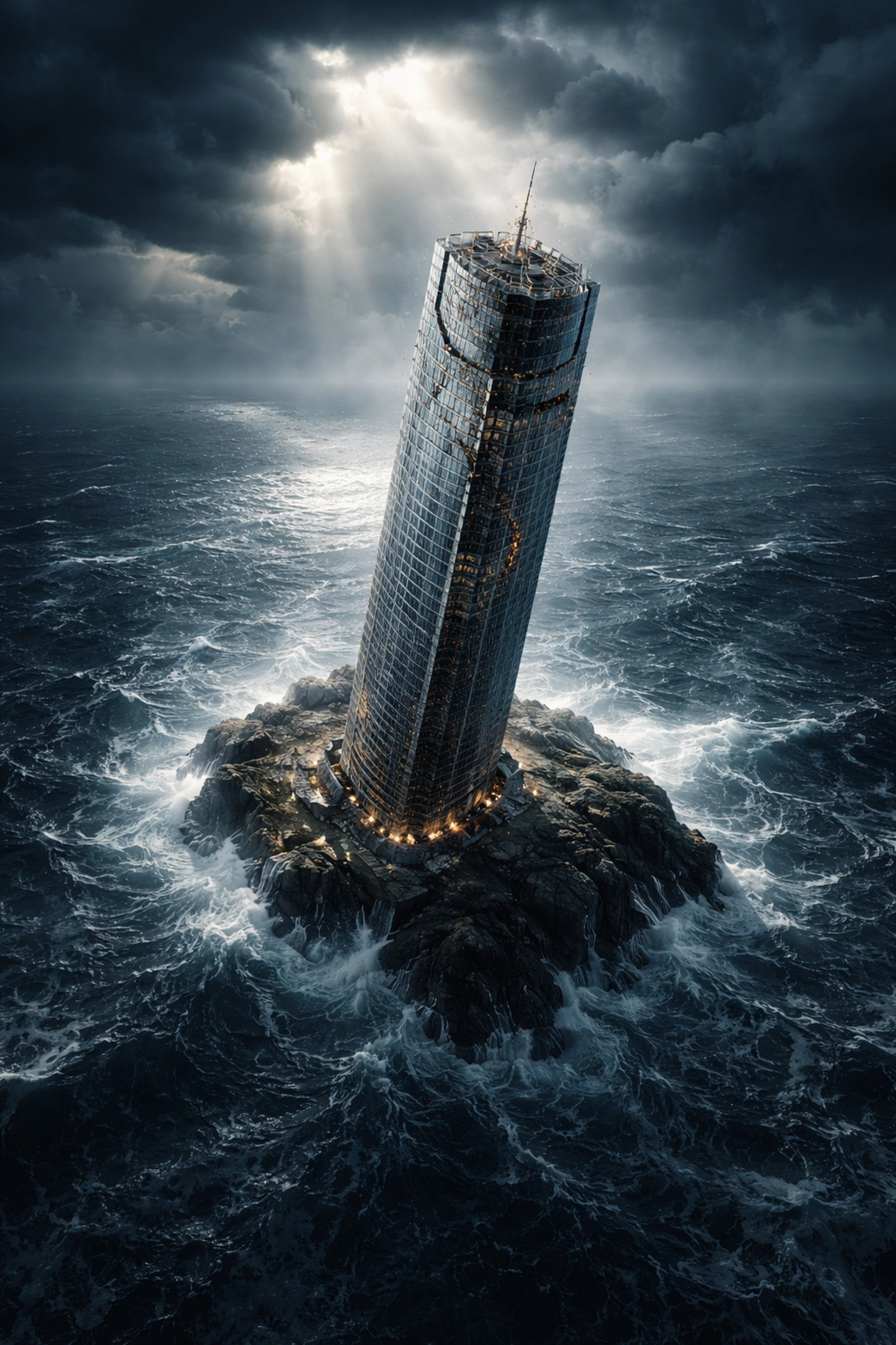 A lone skyscraper on a stormy island symbolizes concentrated risk in an under-diversified investment portfolio.