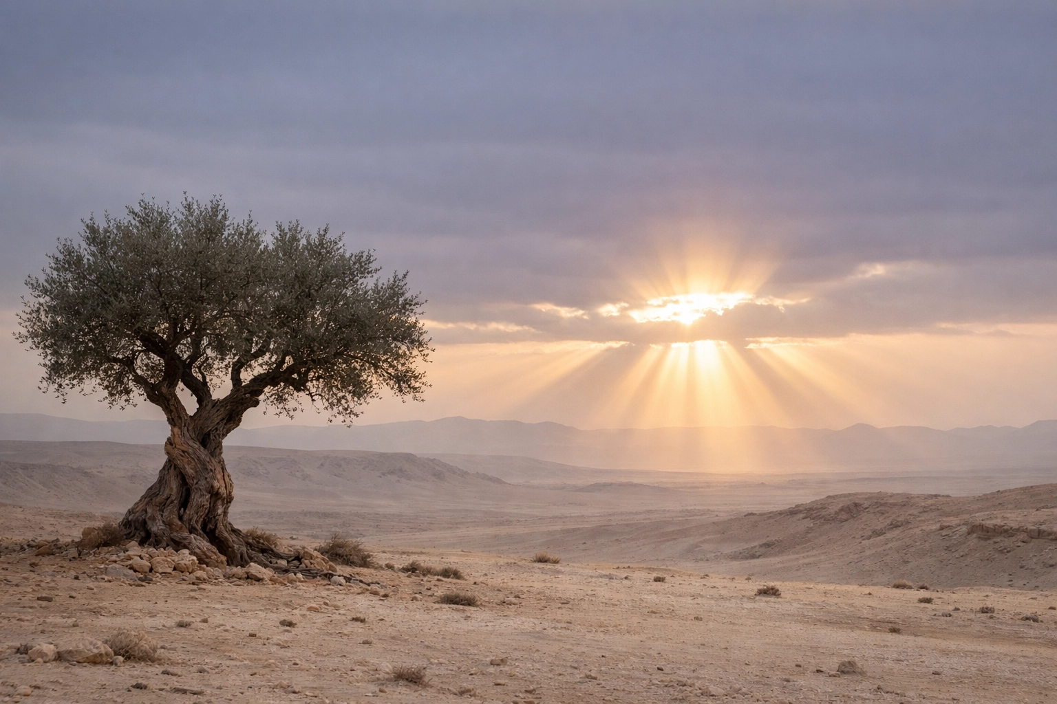 An ancient olive tree in a desert landscape at dawn symbolizing faith and the Second Coming of Christ.