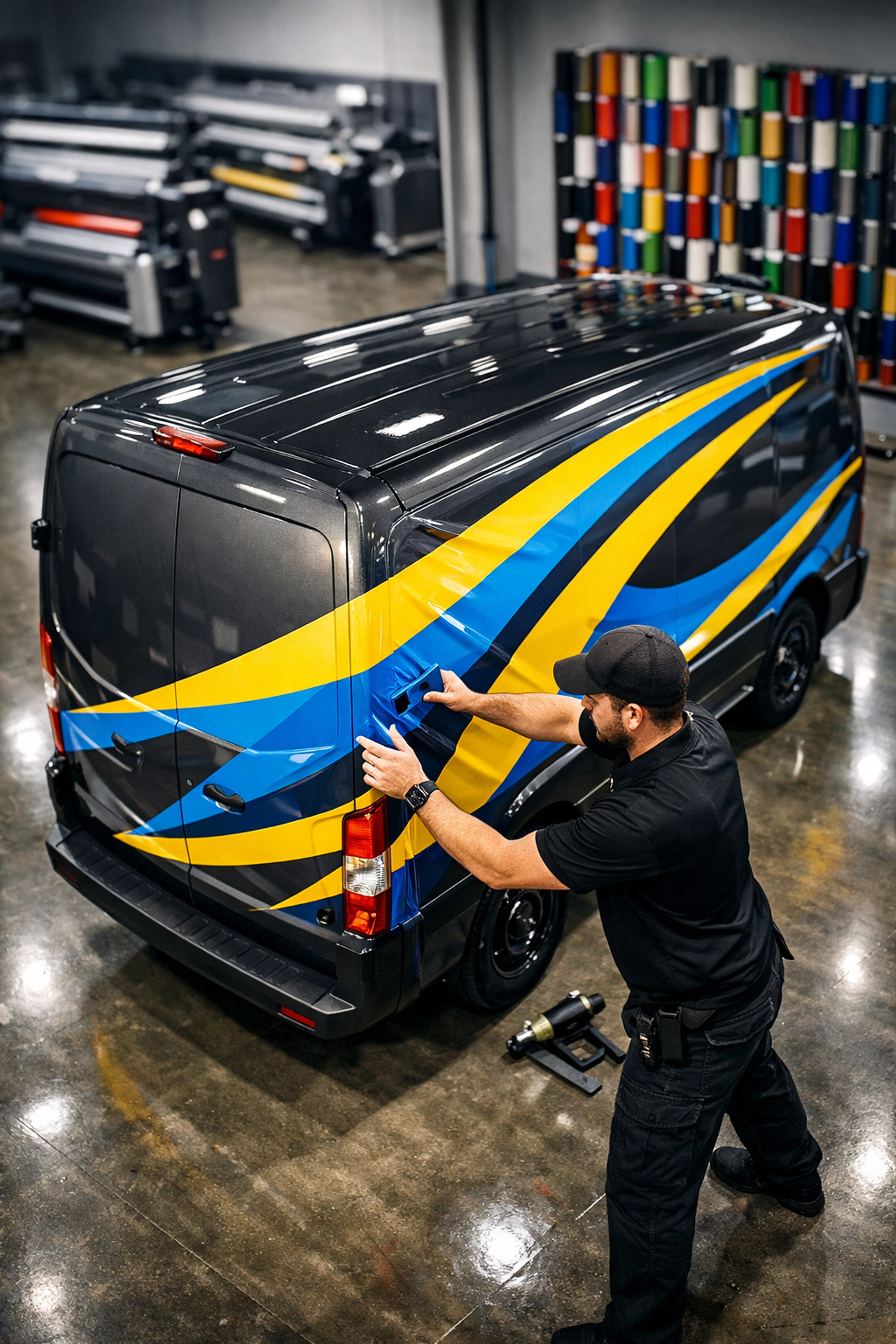 Professional technician applying a custom vinyl vehicle wrap to a delivery van in a Dallas printing studio.