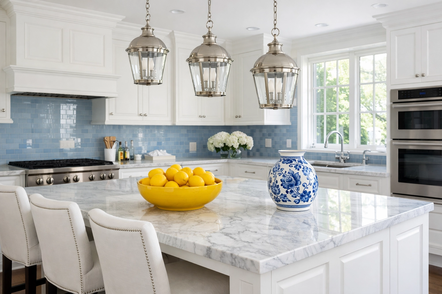 A spotless Wellesley kitchen featuring white cabinets after a professional weekly house cleaning service.