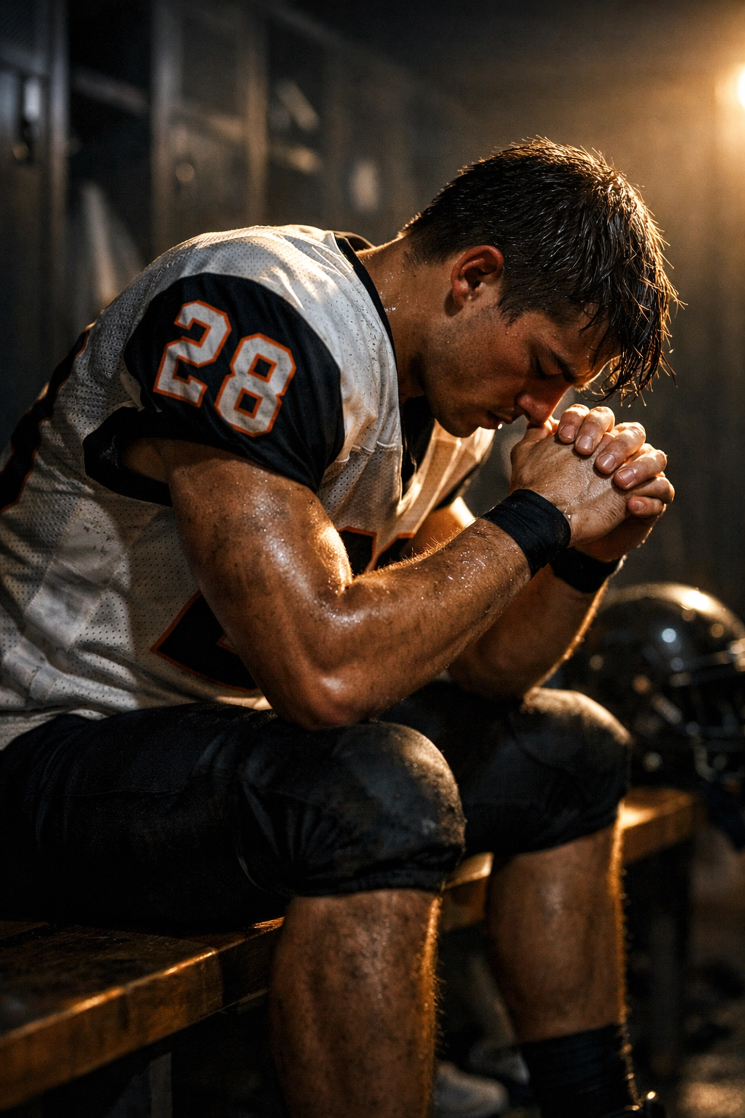 High school football player in a locker room mentally preparing for elite sports brand building.