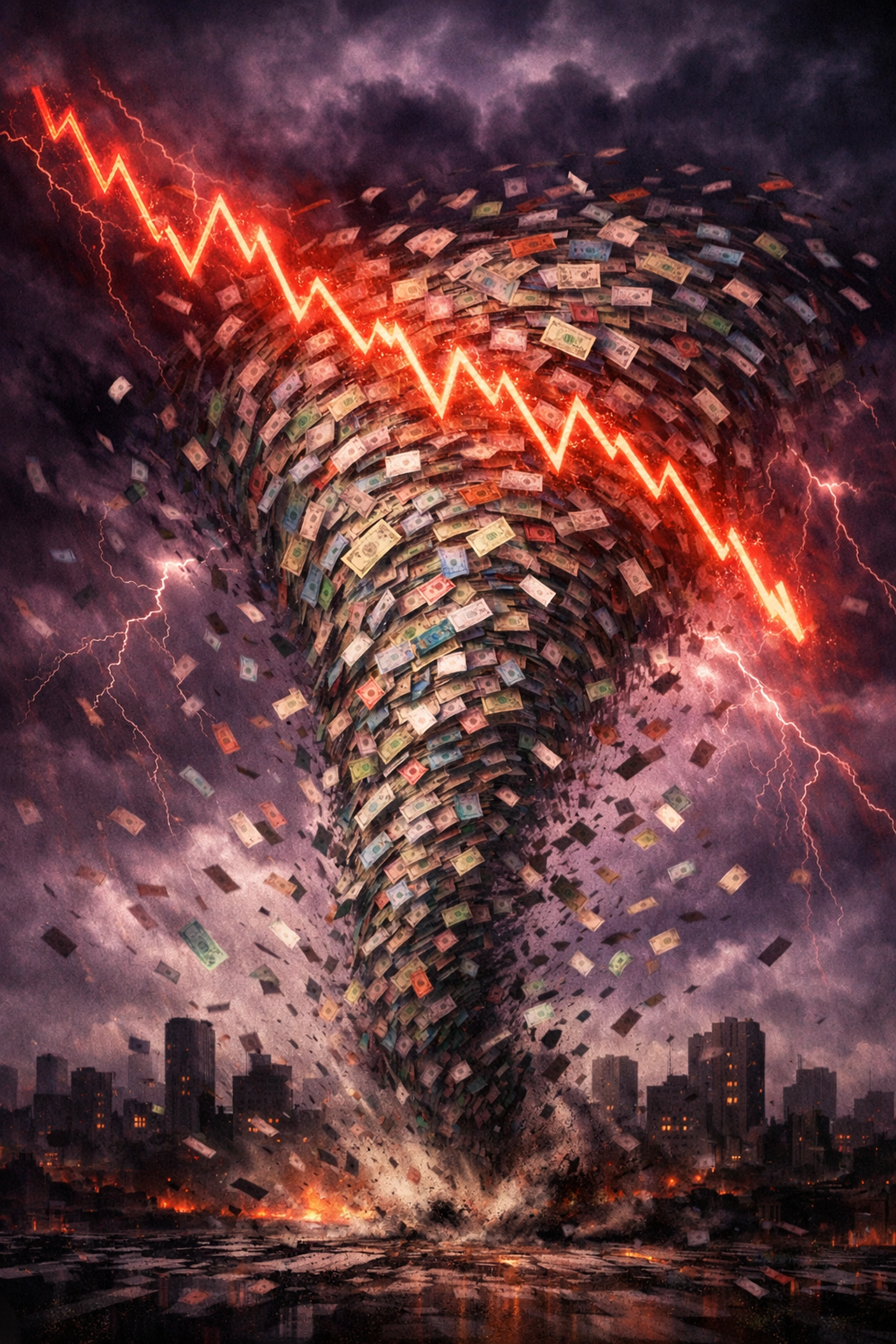 Tornado of banknotes over a city with a falling stock chart, illustrating currency collapse and market instability.