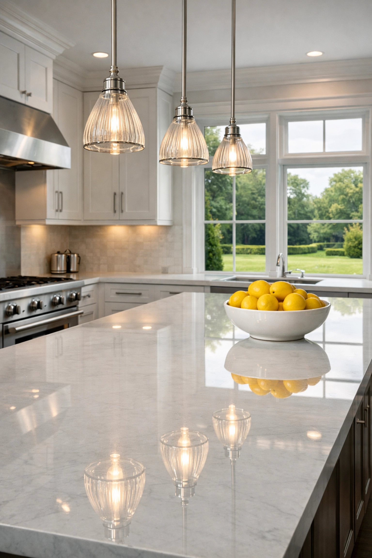 Pristine white marble kitchen in a Wellesley home, showing the results of professional house cleaning.