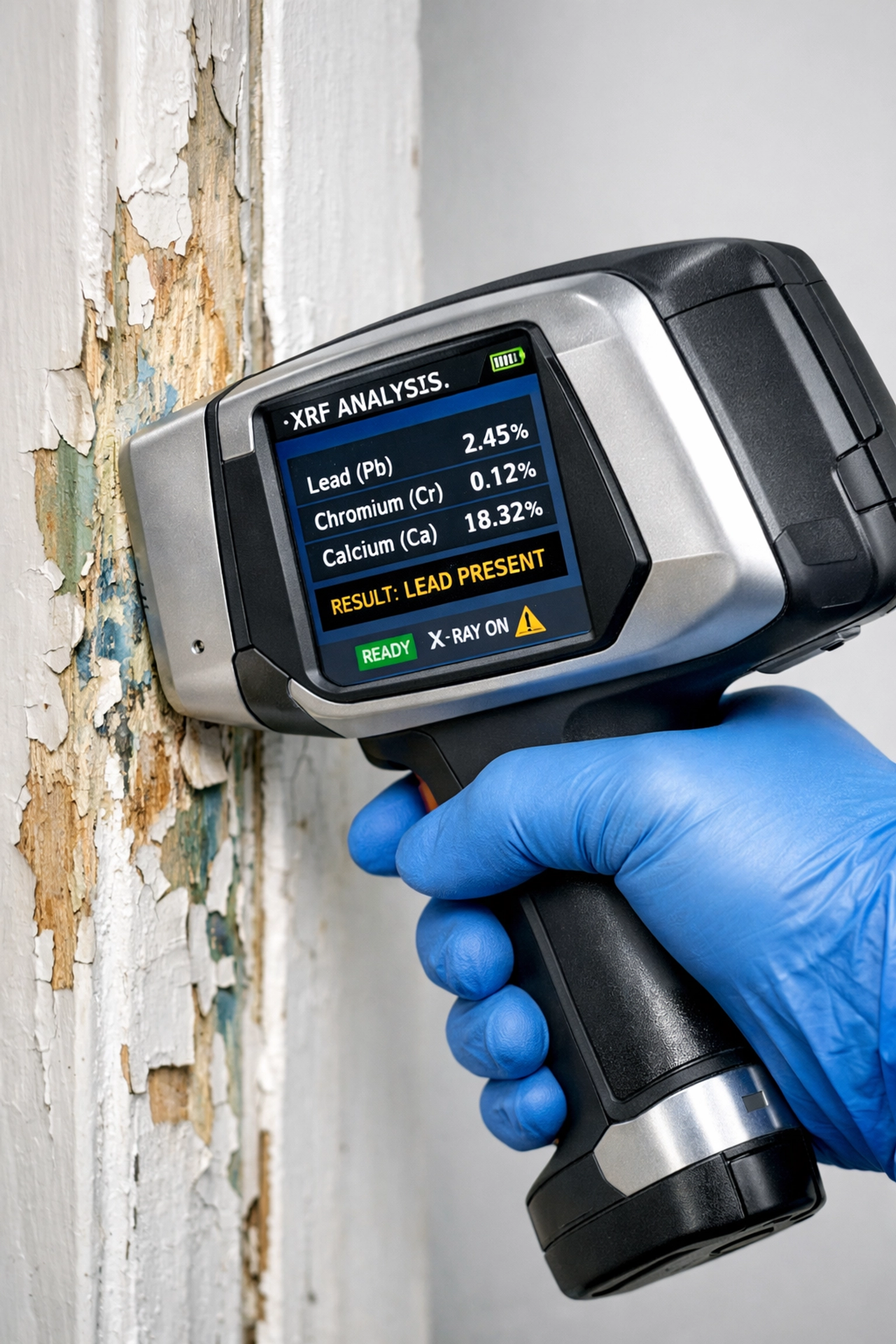 Professional lead inspector using an XRF analyzer to test for lead-based paint on a door frame.