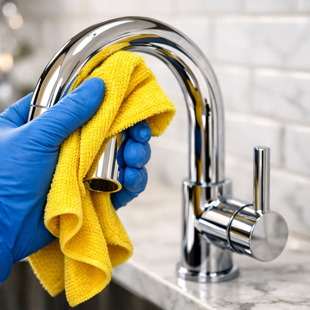 Close-up of eco-friendly kitchen cleaning polishing a chrome faucet with professional care.