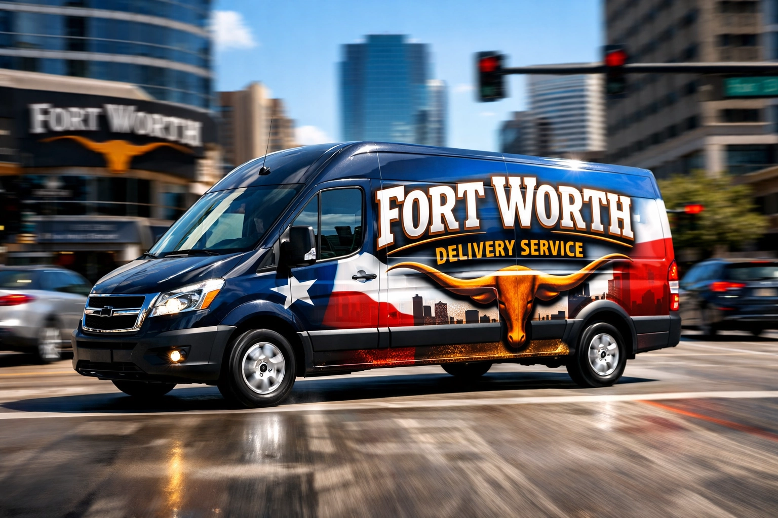 Professionally wrapped delivery van driving through a busy Fort Worth intersection for mobile advertising.