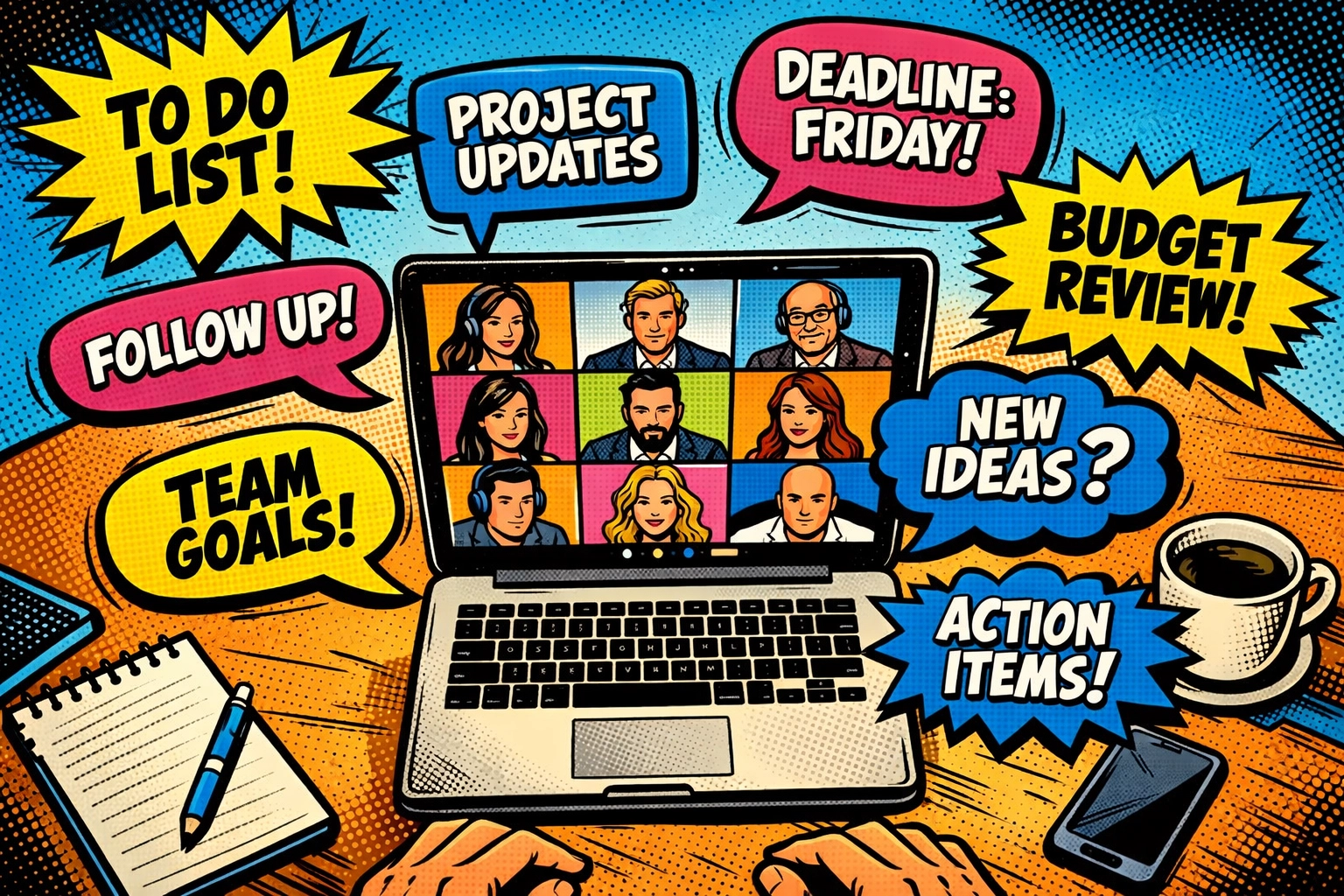 AI meeting assistant transcribing video conference and capturing key action items