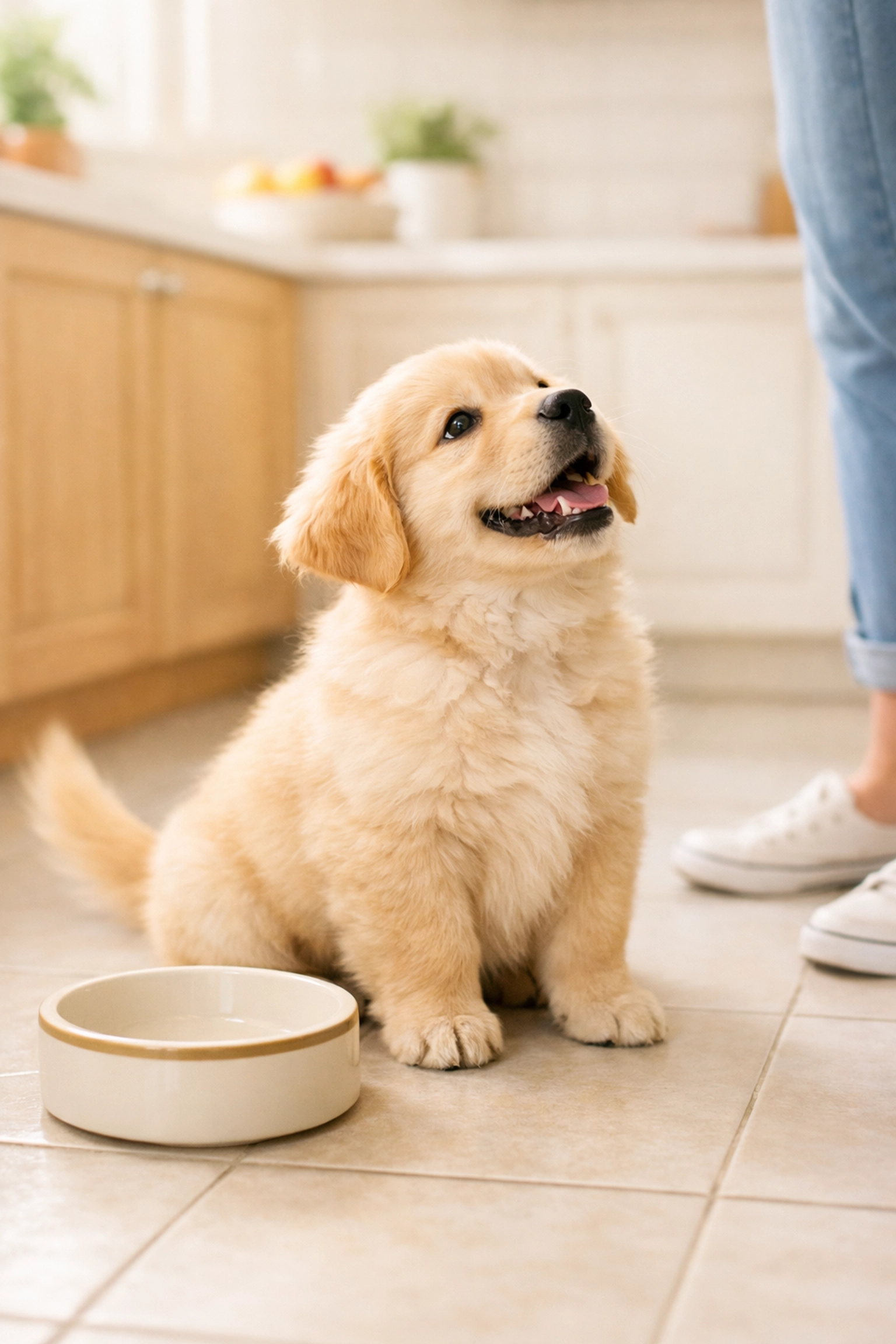 Golden Retriever puppy waiting by its bowl for a meal of recommended large-breed puppy food.